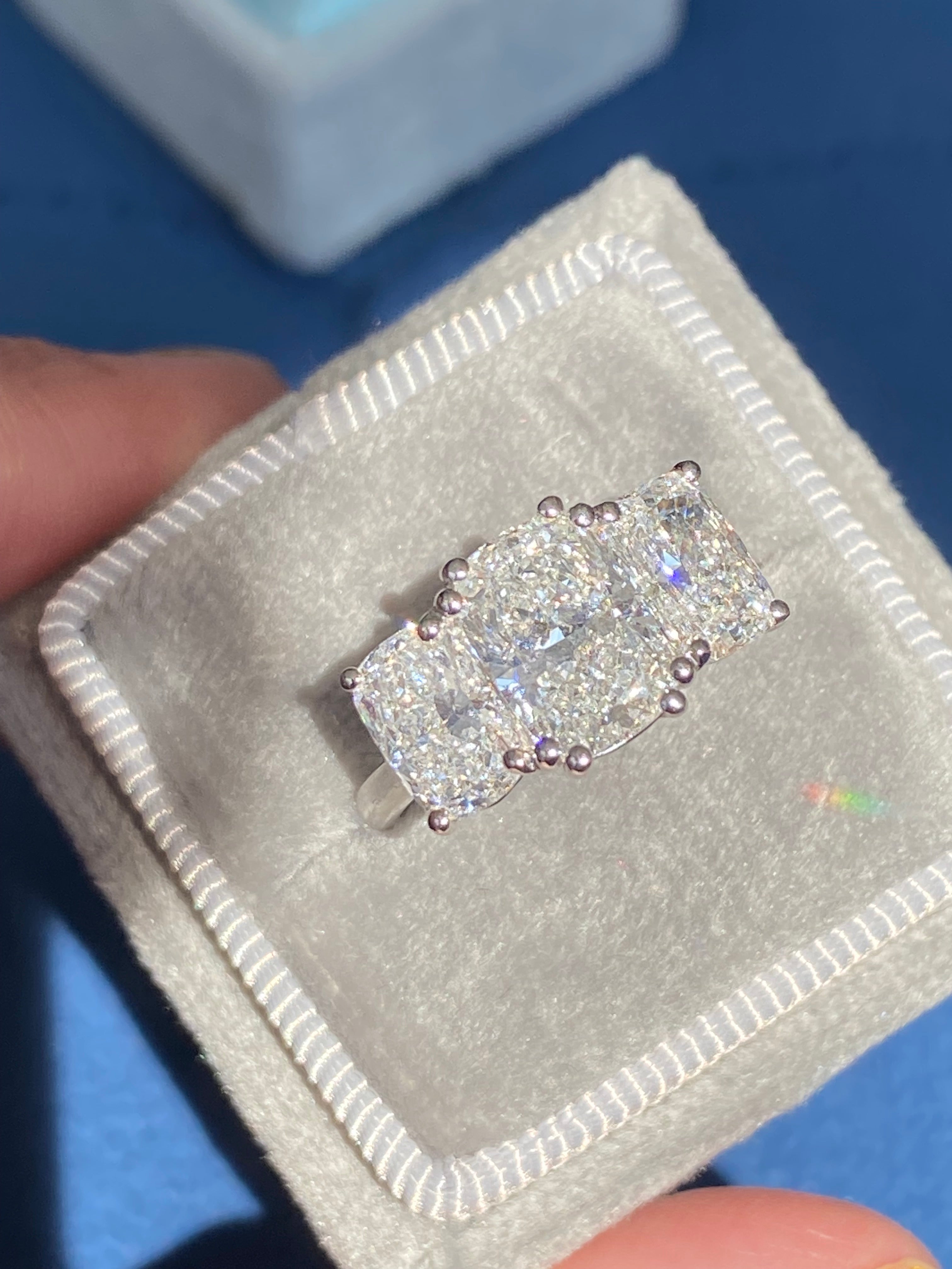 4.10 CTW Cushion Cut D Colour VS1 Lab Diamond Three Stone Ring in Platinum