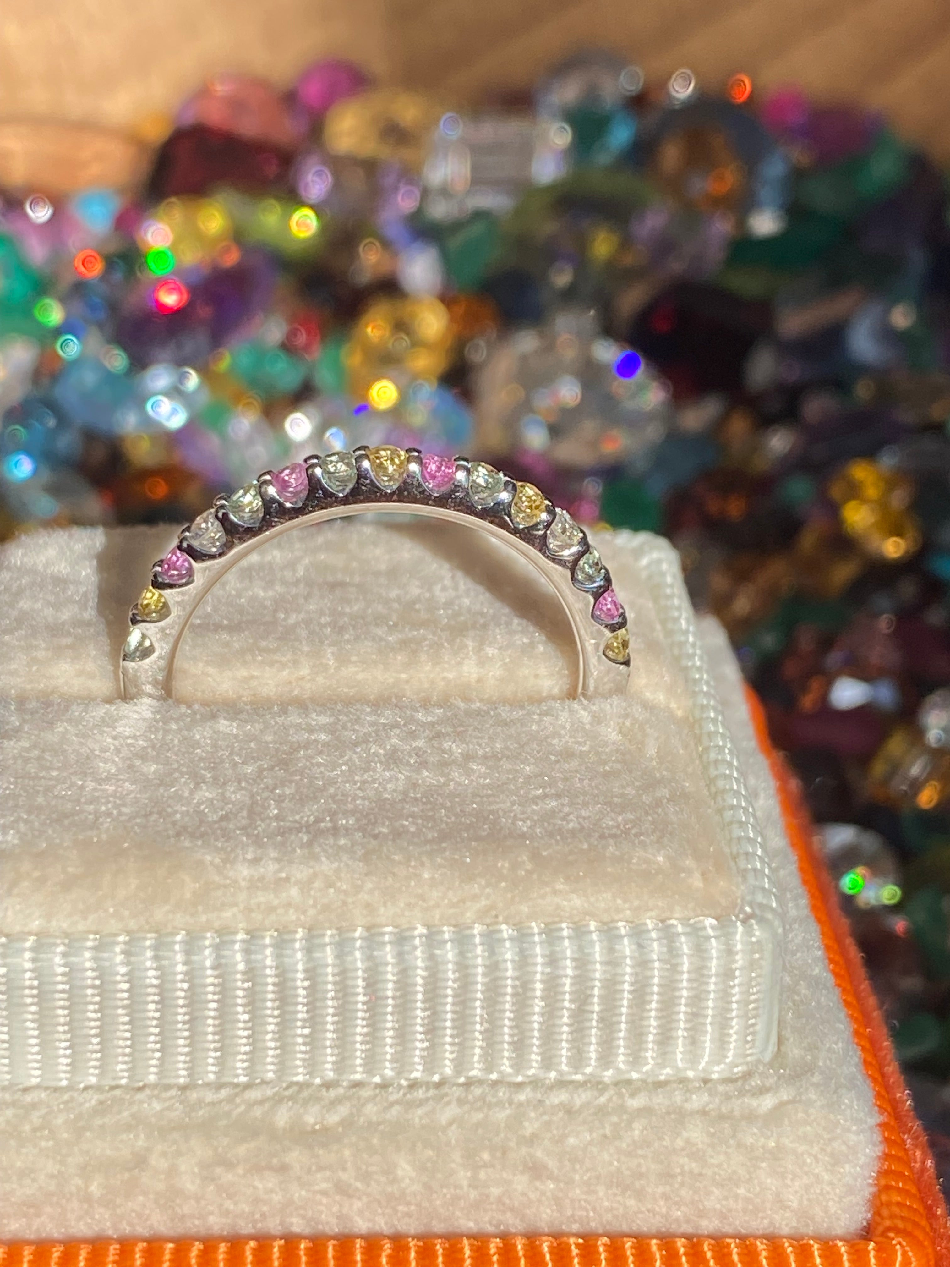 0.37 CTW Sweetshop Yellow, Pink, and Green Sapphire, and Natural Diamond Eternity Ring in 18ct White Gold