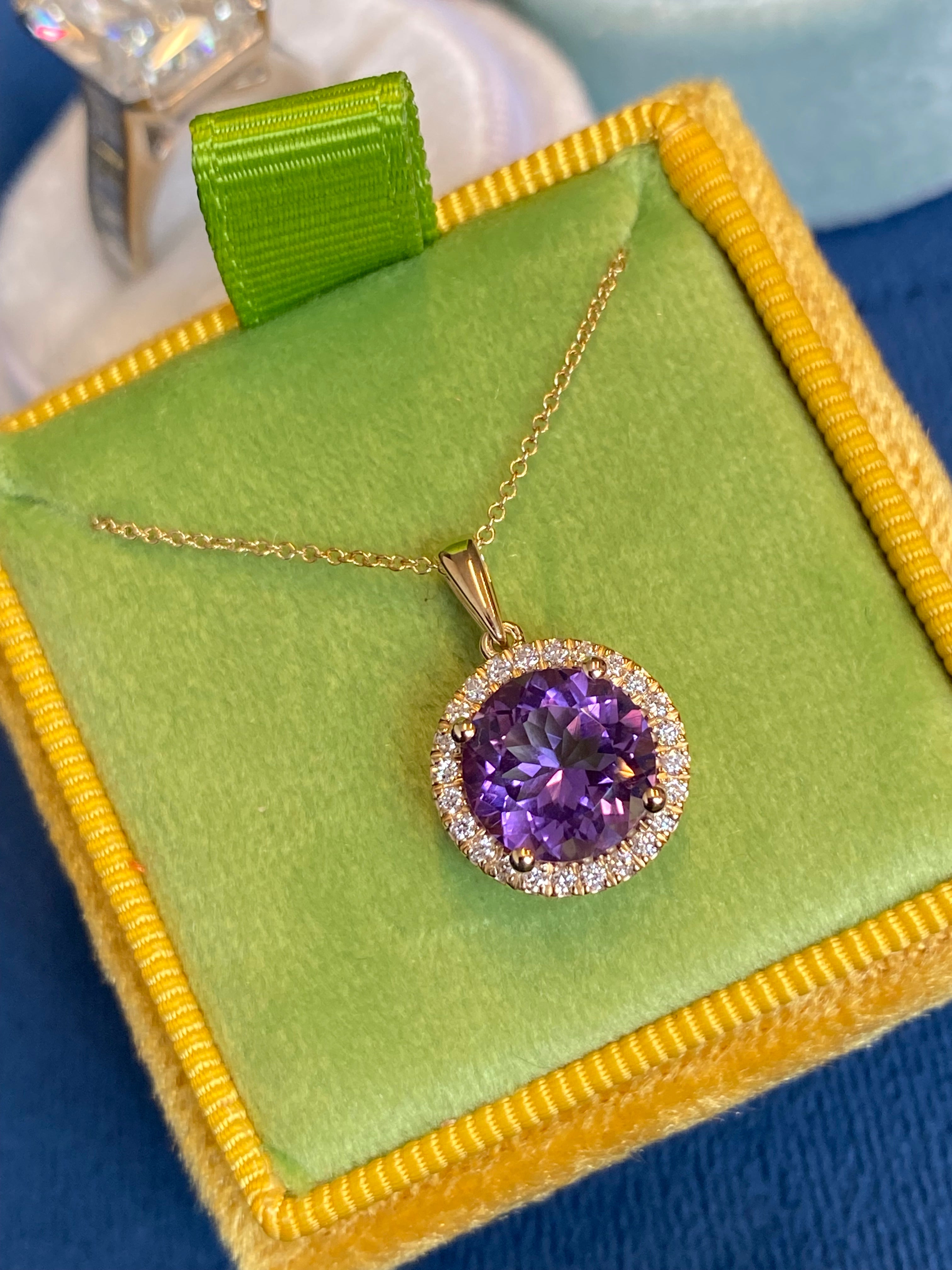 2.72 CTW Amethyst and Natural Diamond Pendant Necklace in 9ct Yellow Gold