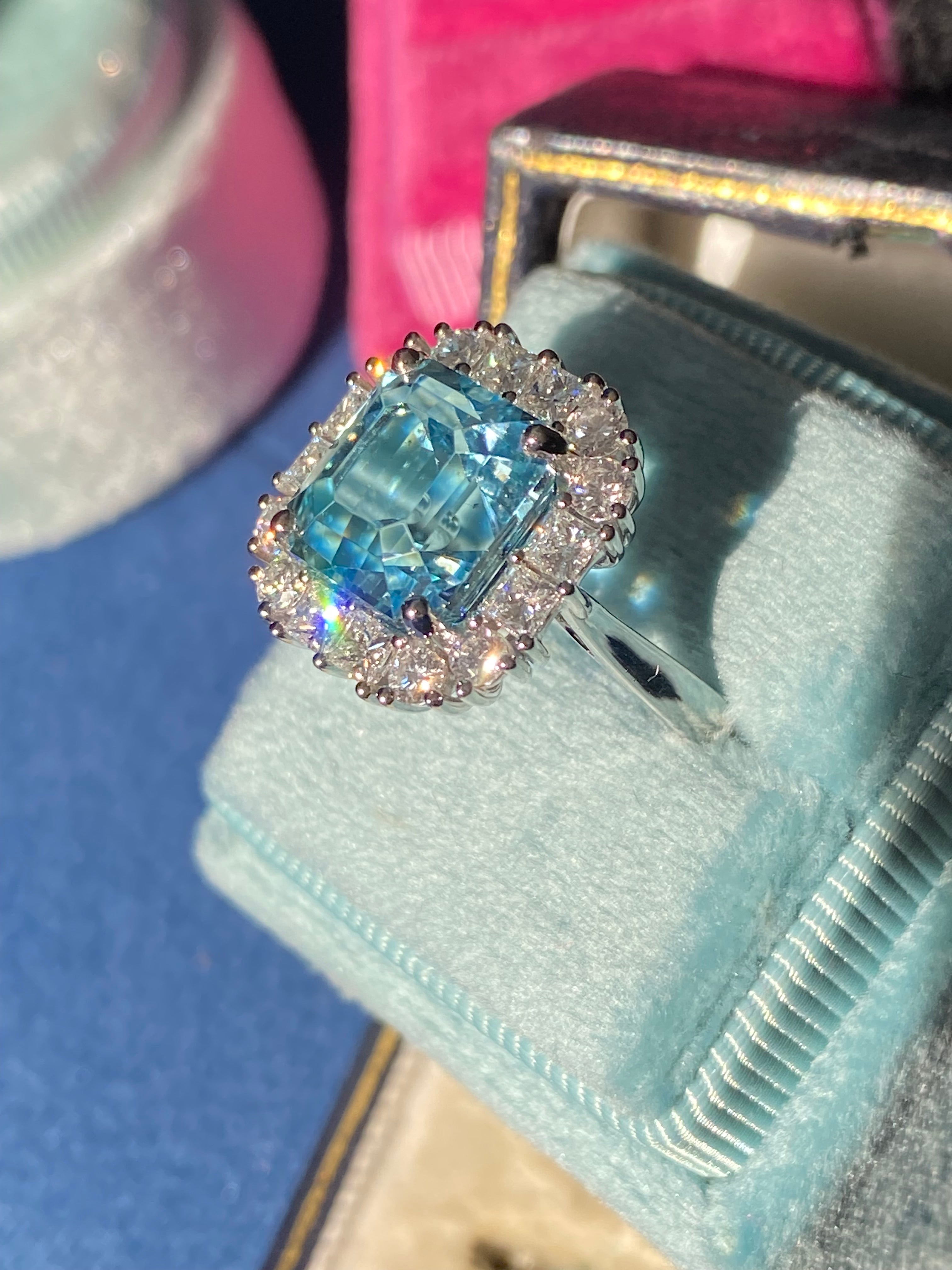 6.11 CTW Emerald Cut Aquamarine and Natural Diamond Halo Engagement Ring in Platinum