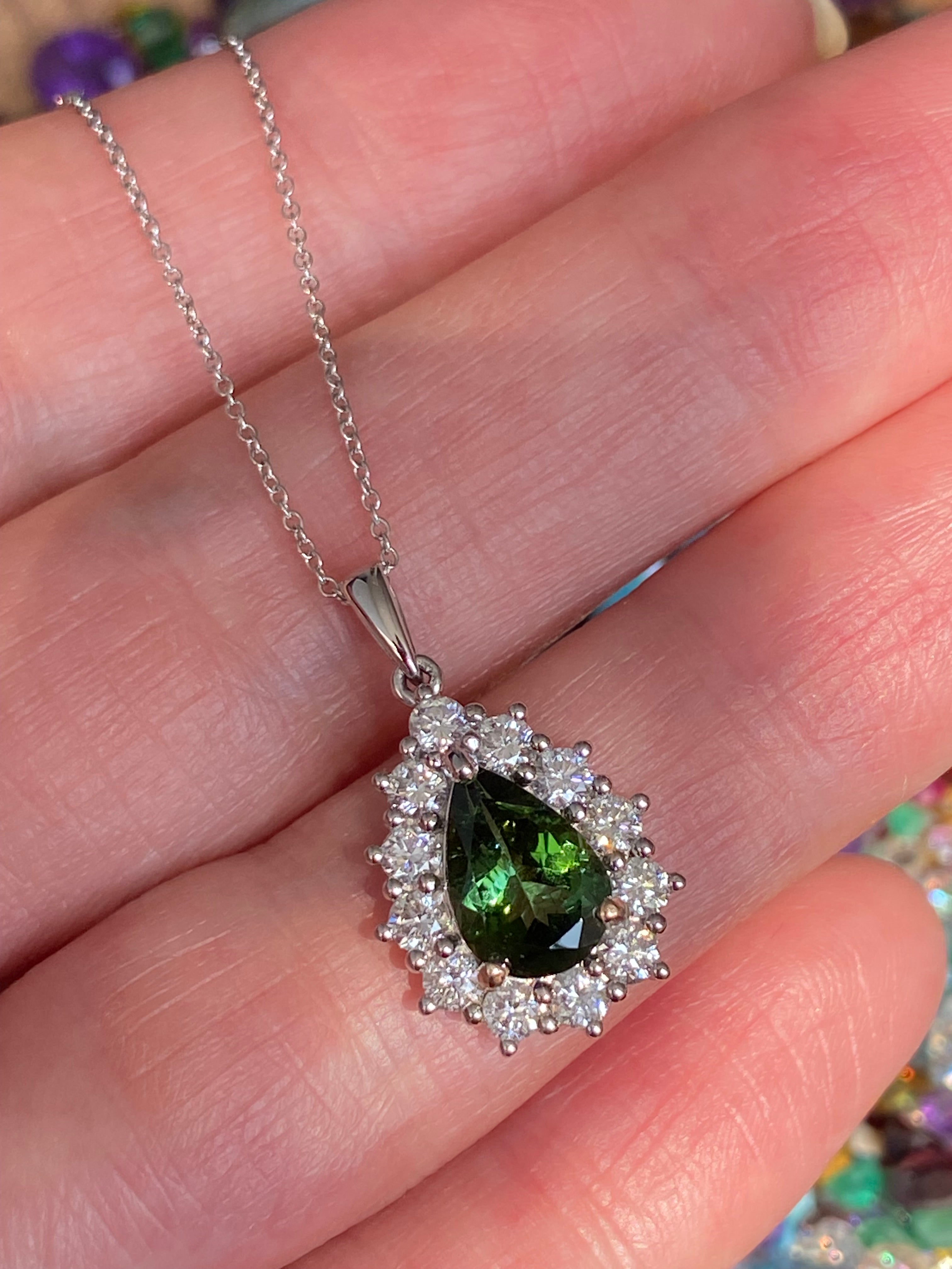 2.61 CTW Green Tourmaline and Natural Diamond Pendant Necklace in 18ct White Gold