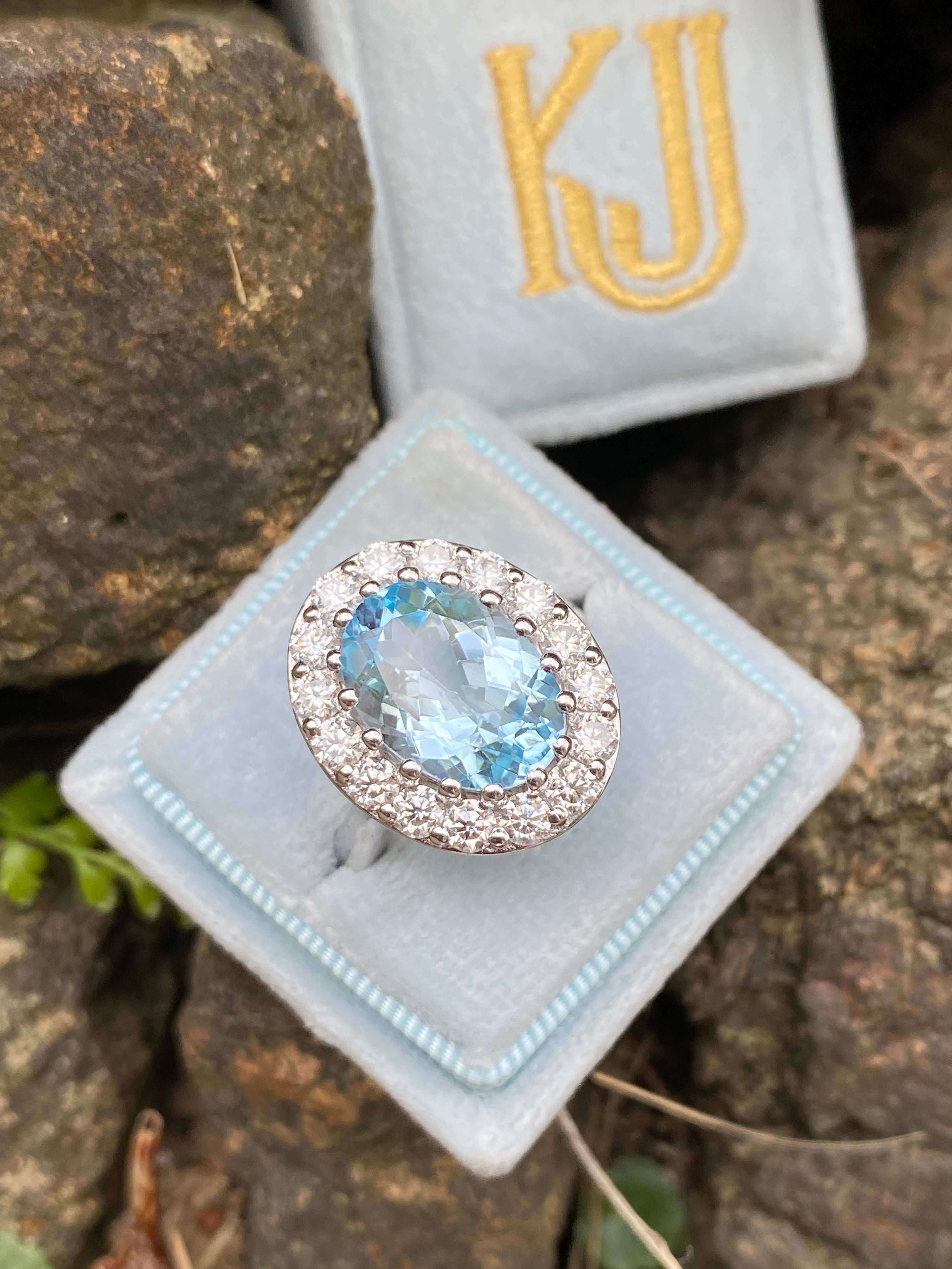 9.60 CTW Oval Cut Blue Topaz and Moissanite Halo Cocktail Ring in Sterling Silver