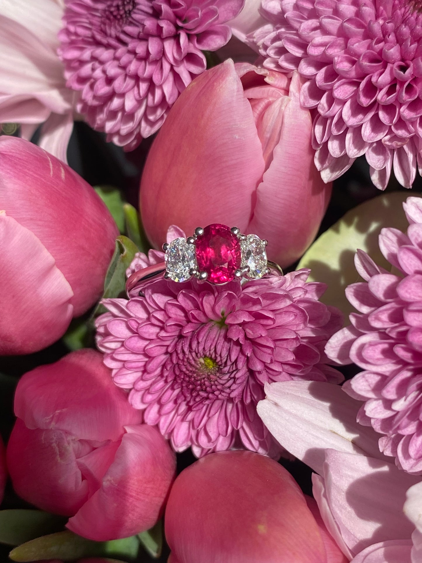 1.34 Carat Ruby and 0.66 Natural Diamond Three Stone Ring in Platinum