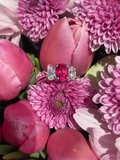 1.34 Carat Ruby and 0.66 Natural Diamond Three Stone Ring in Platinum