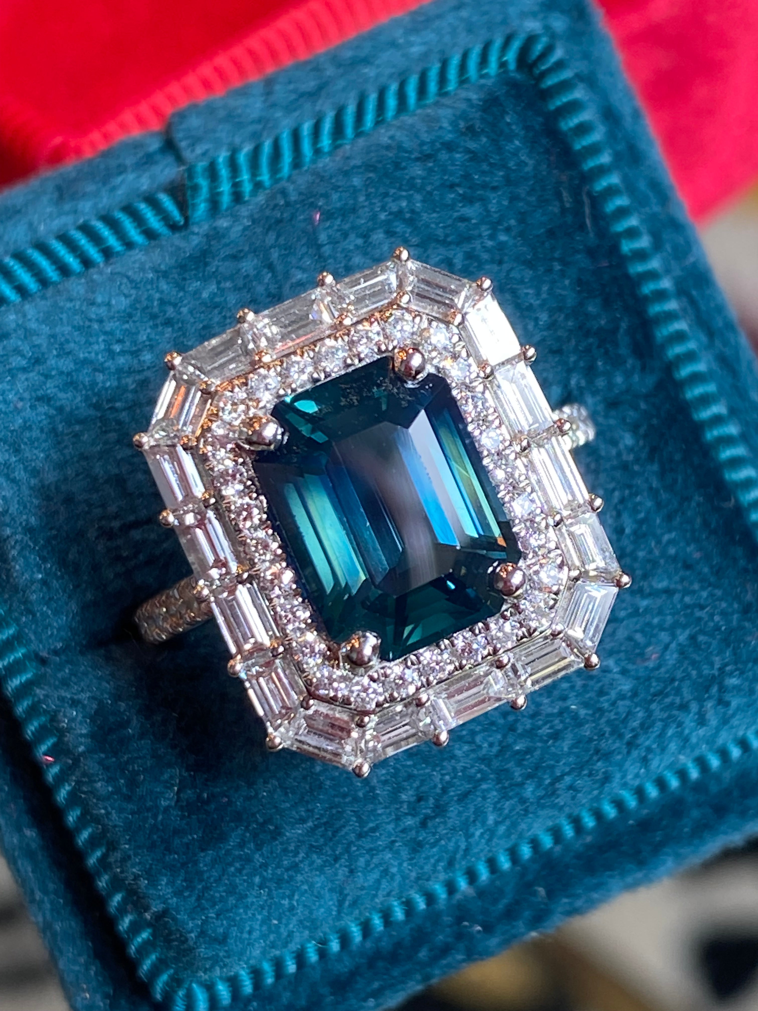 5.34 CTW Ceylon Teal Sapphire and Natural Diamond Ring in Platinum
