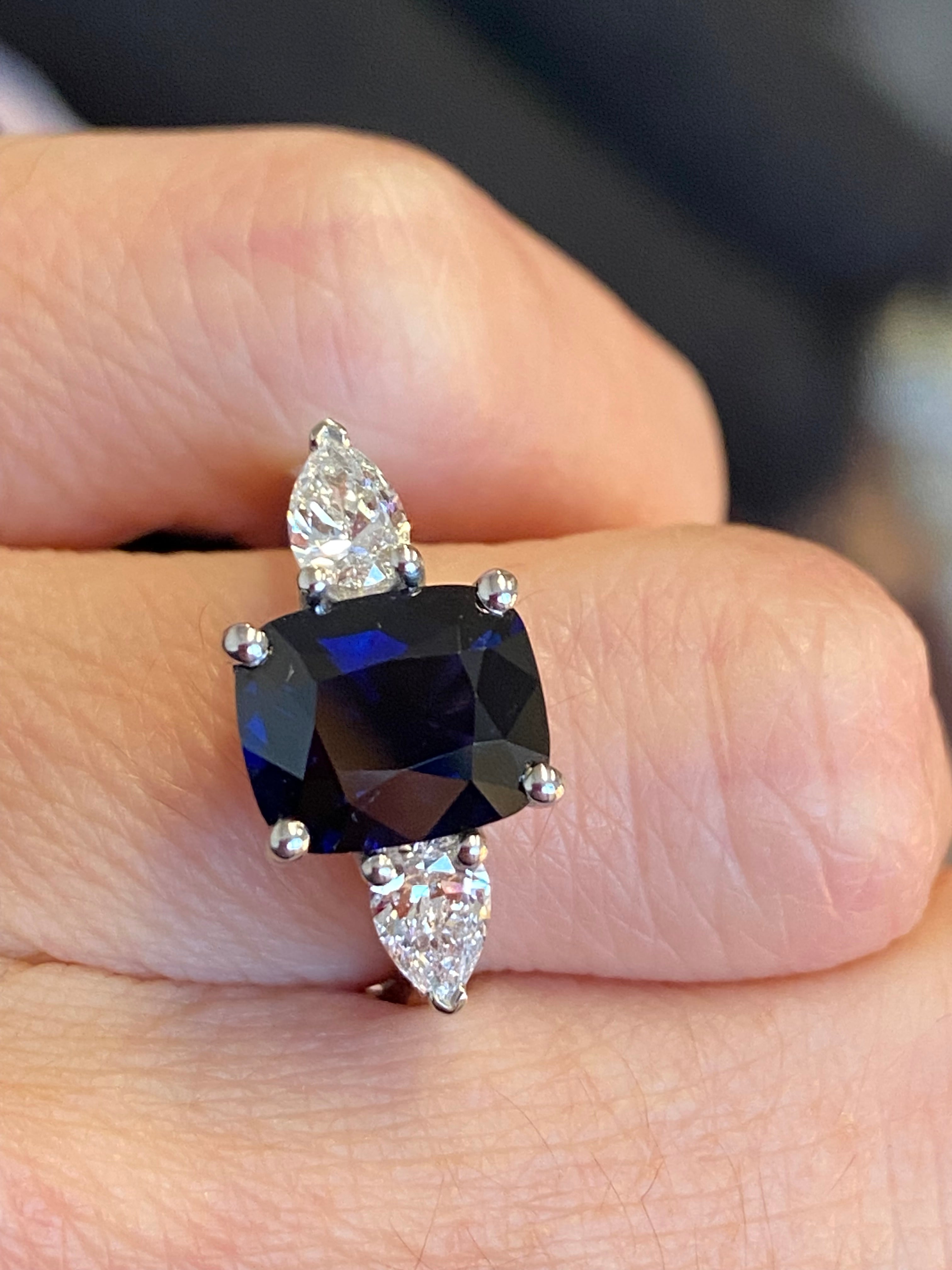 4.04 CTW Deep Blue Ceylon Sapphire and Natural Diamond Three Stone Engagement Ring in Platinum