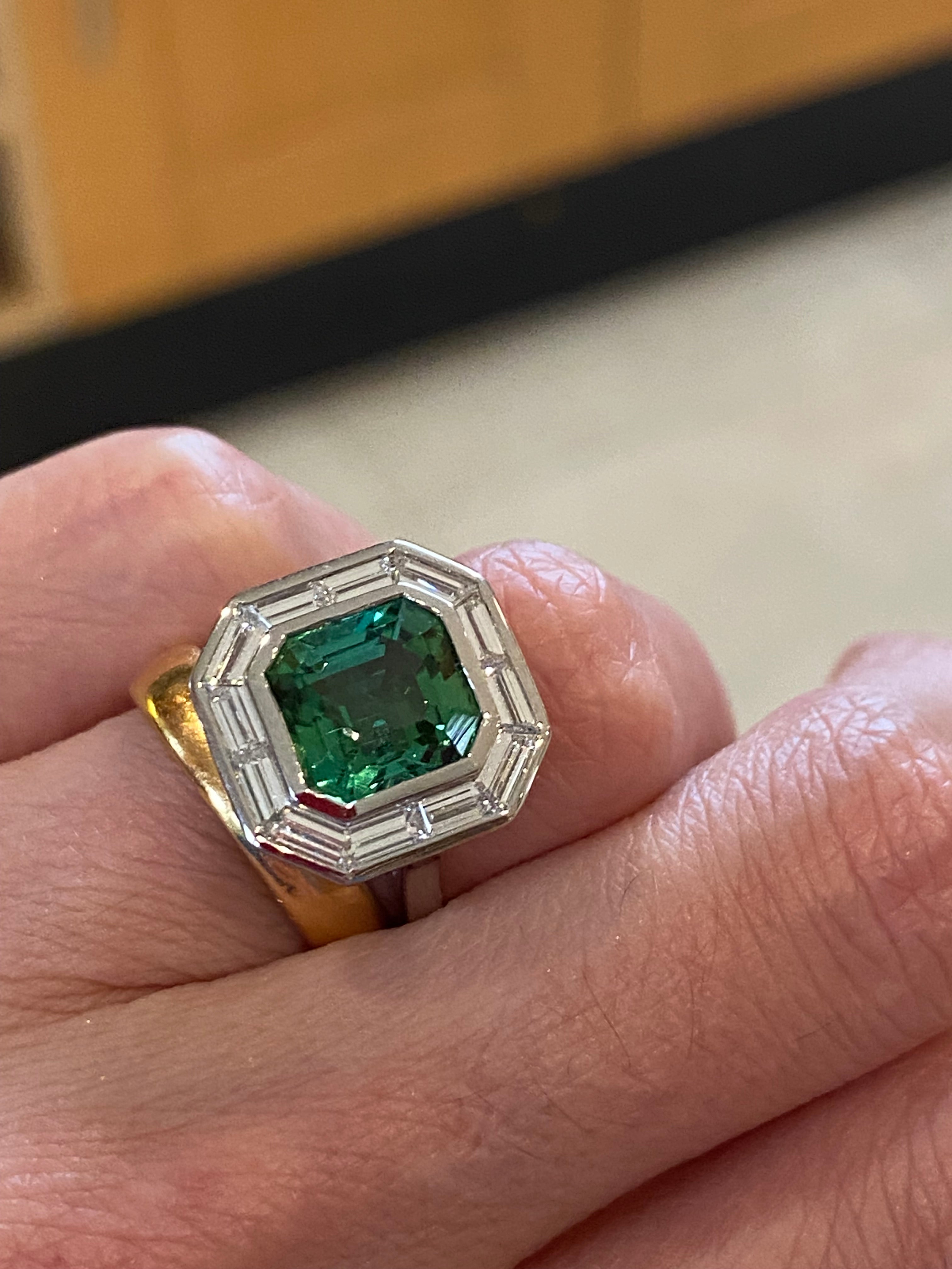 3.98 Carat Mint Tourmaline and 1.15ctw Natural Diamond Ring in Platinum