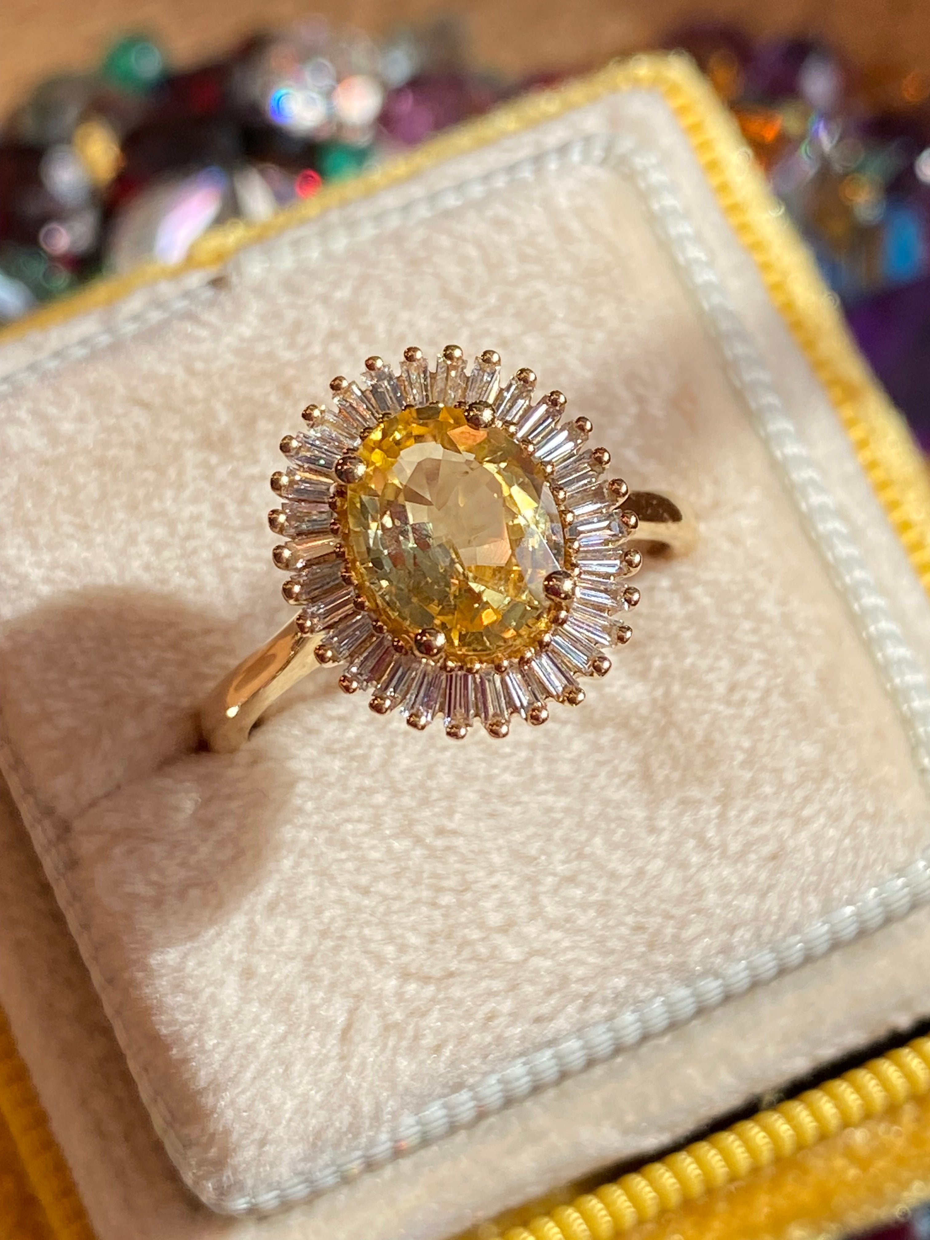 Sunny Starburst Yellow Sapphire in 18ct Yellow Gold Ballerina Halo Ring