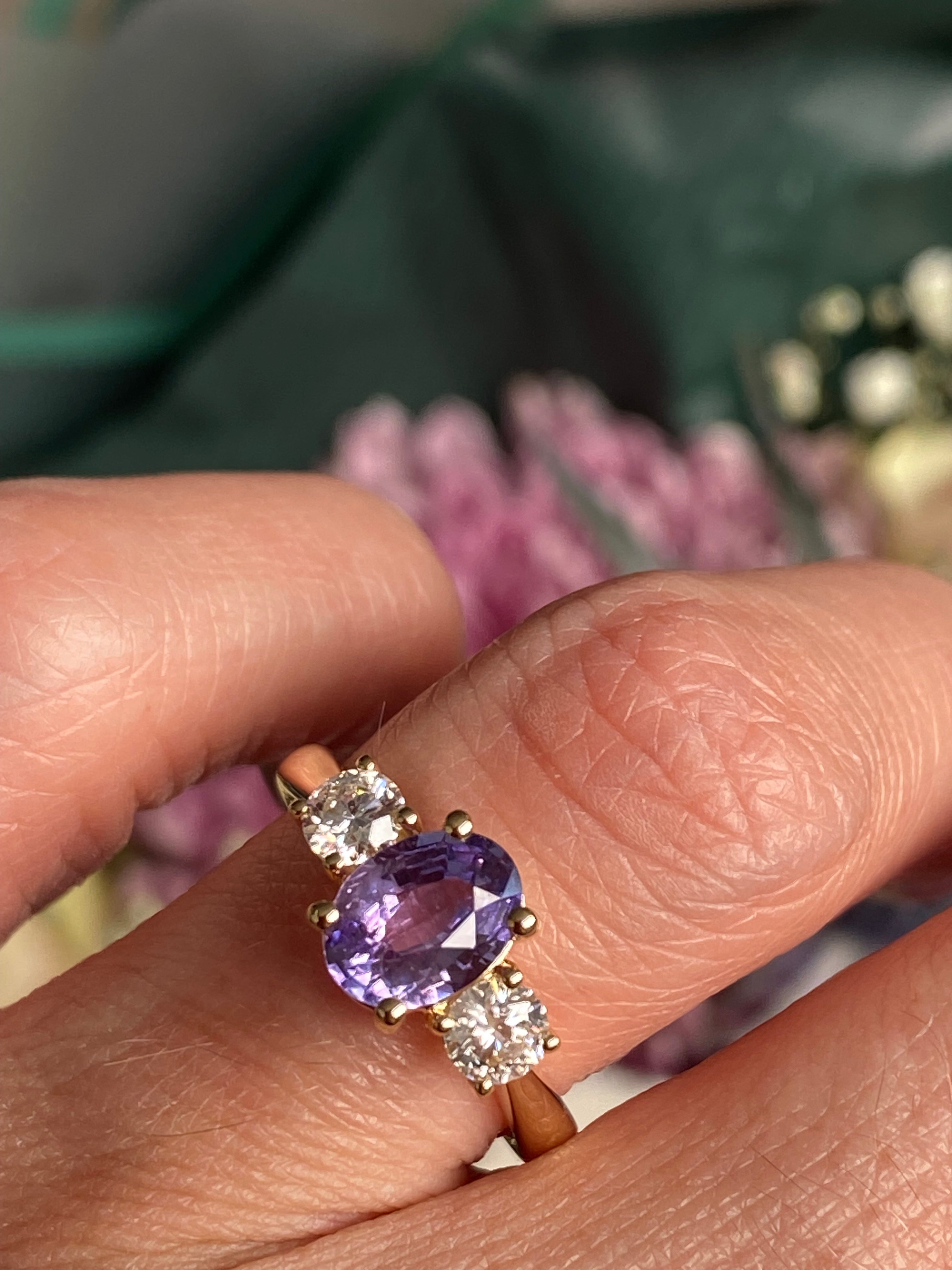 1.82 CTW Purple Sapphire and Natural Diamond Three Stone Ring in 18ct Yellow Gold