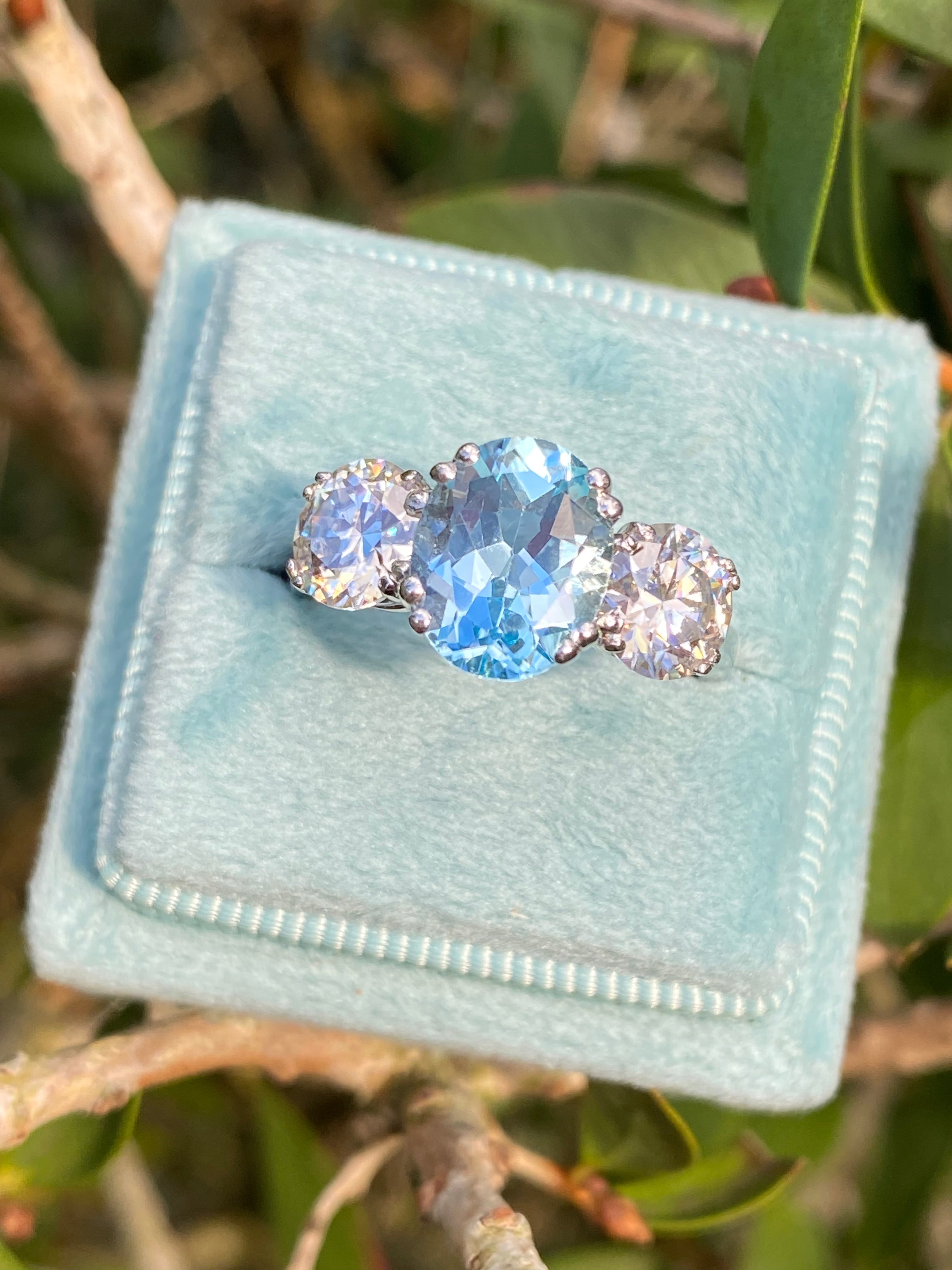2.57 Carat Blue Topaz and 1.84 Carat Moissanite Three Stone Ring in Sterling Silver