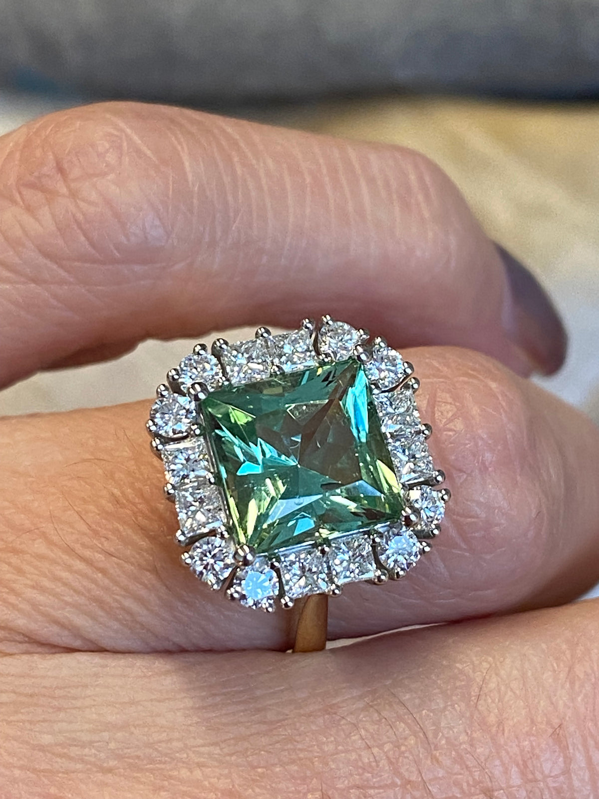 4.73 CTW Princess Cut Mint Tourmaline and Natural Diamond Ring in Platinum and 18ct Yellow Gold