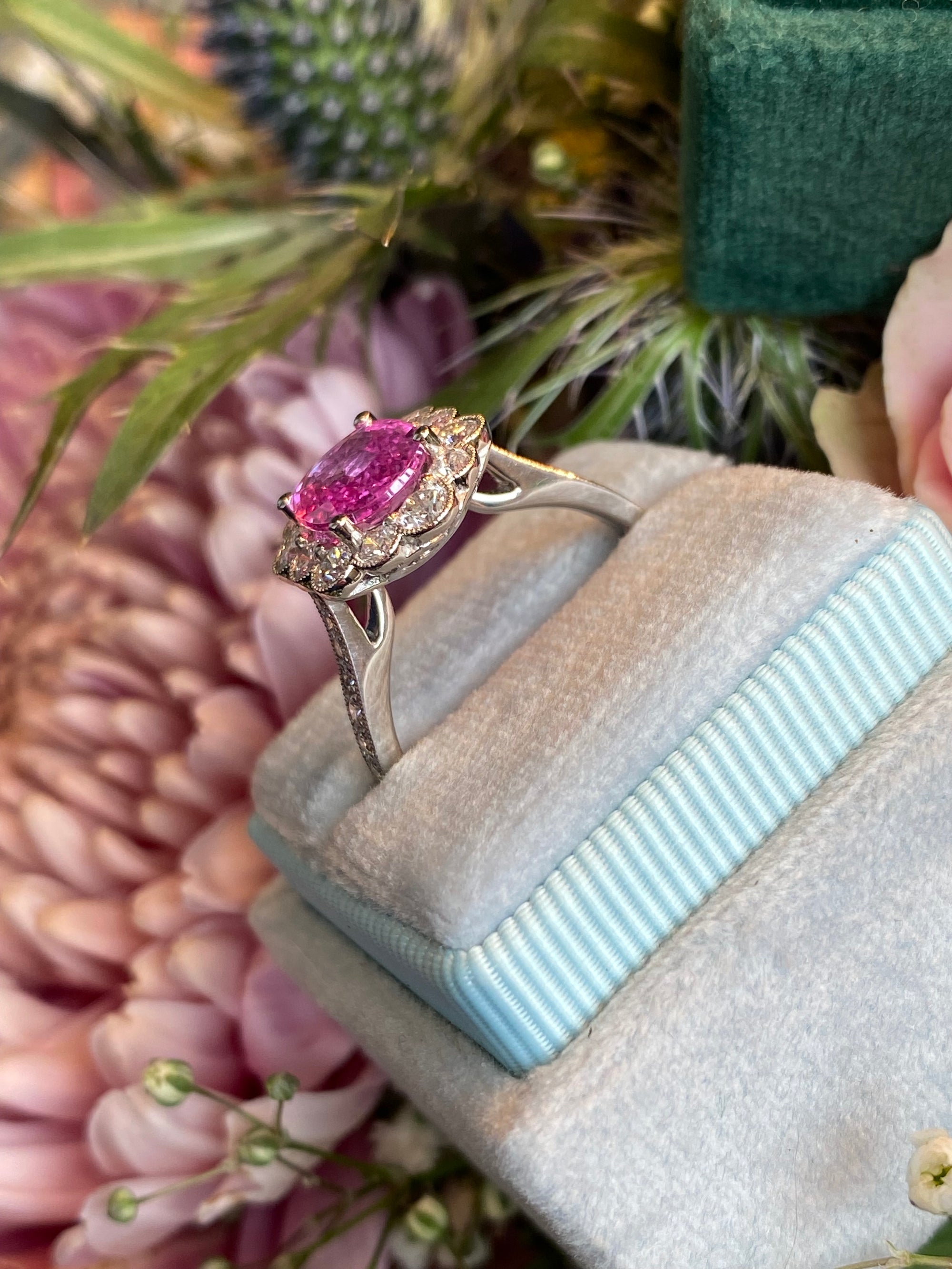 2.92 CTW Oval Cut Pink Sapphire and Natural Diamond Halo Engagement Ring in Platinum