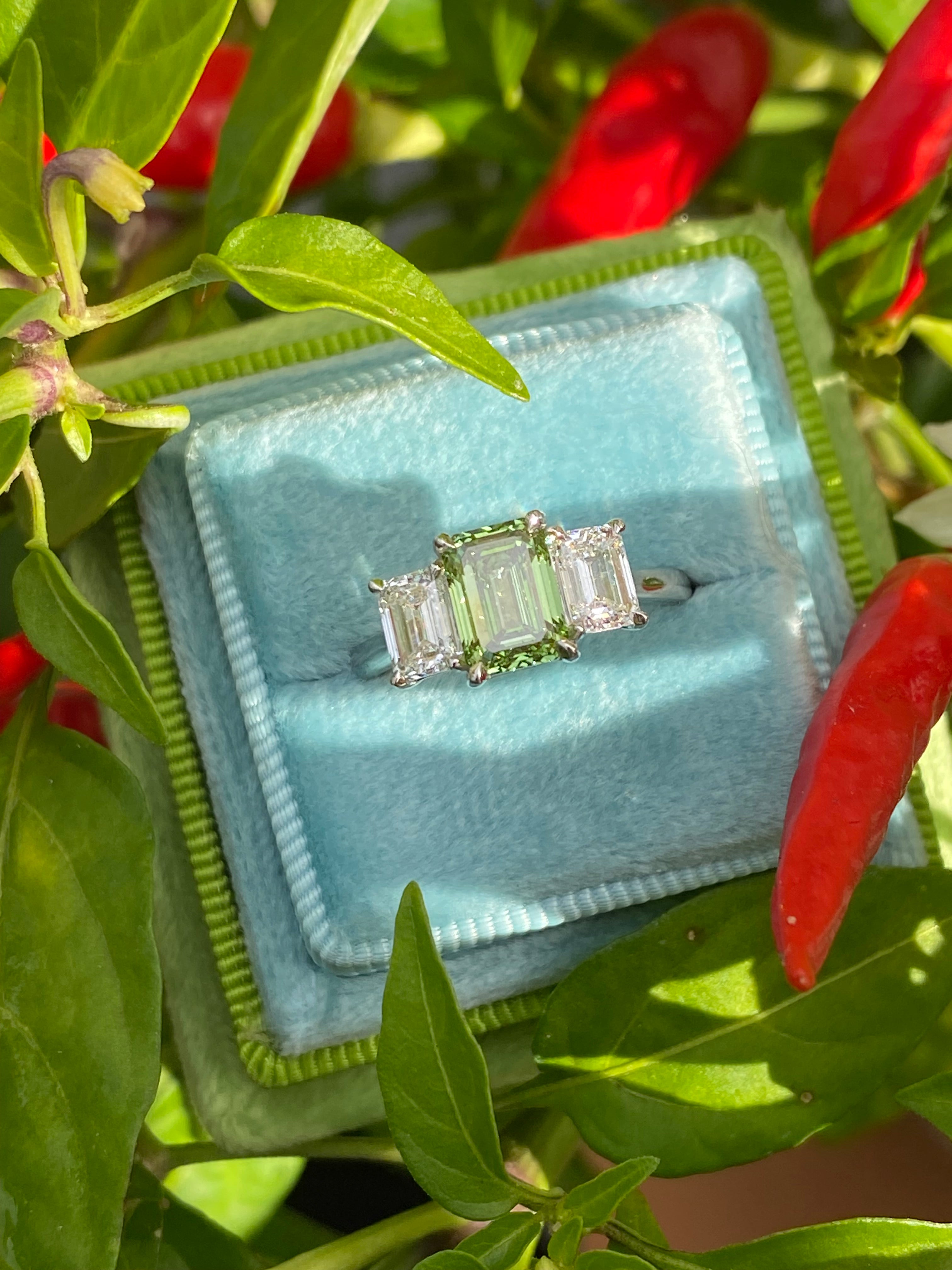 2.61 CTW Fancy Green Lab Grown Diamond Graduated Three Stone Ring in Platinum