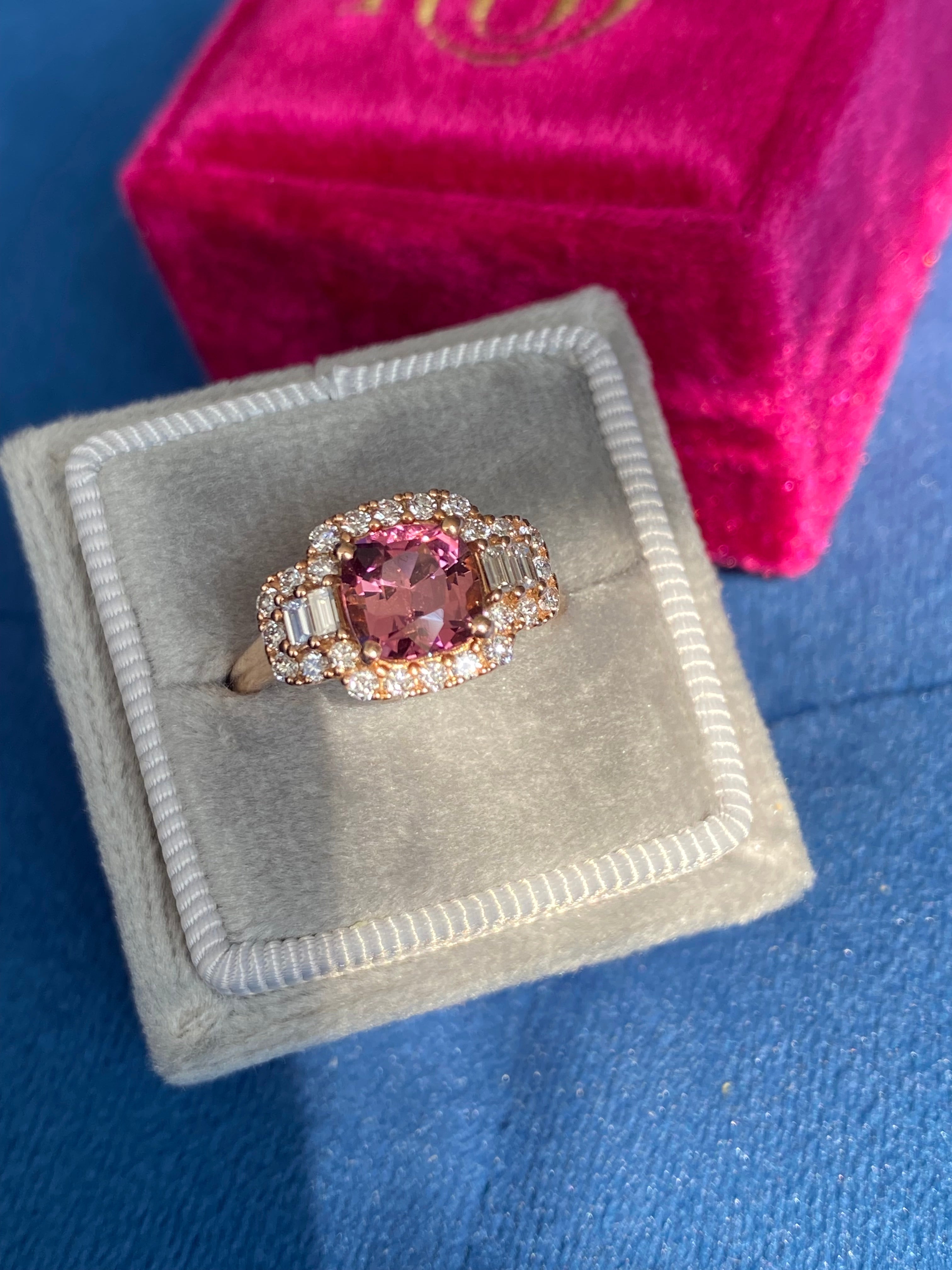 2.02 CTW Pink Tourmaline and Natural Diamond Three Stone Halo Ring in 18ct Rose Gold