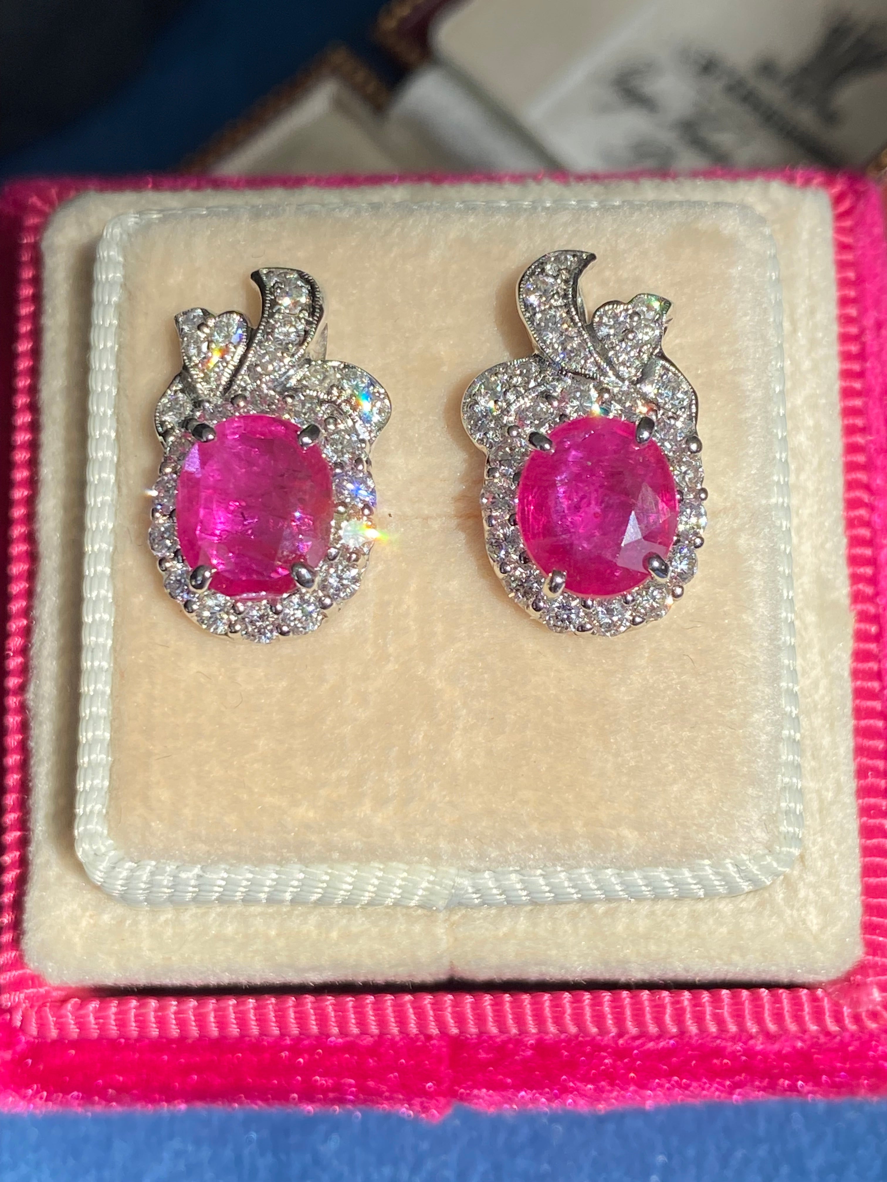 3.98 CTW Vintage Burmese Ruby Stud Earrings in 18ct White Gold