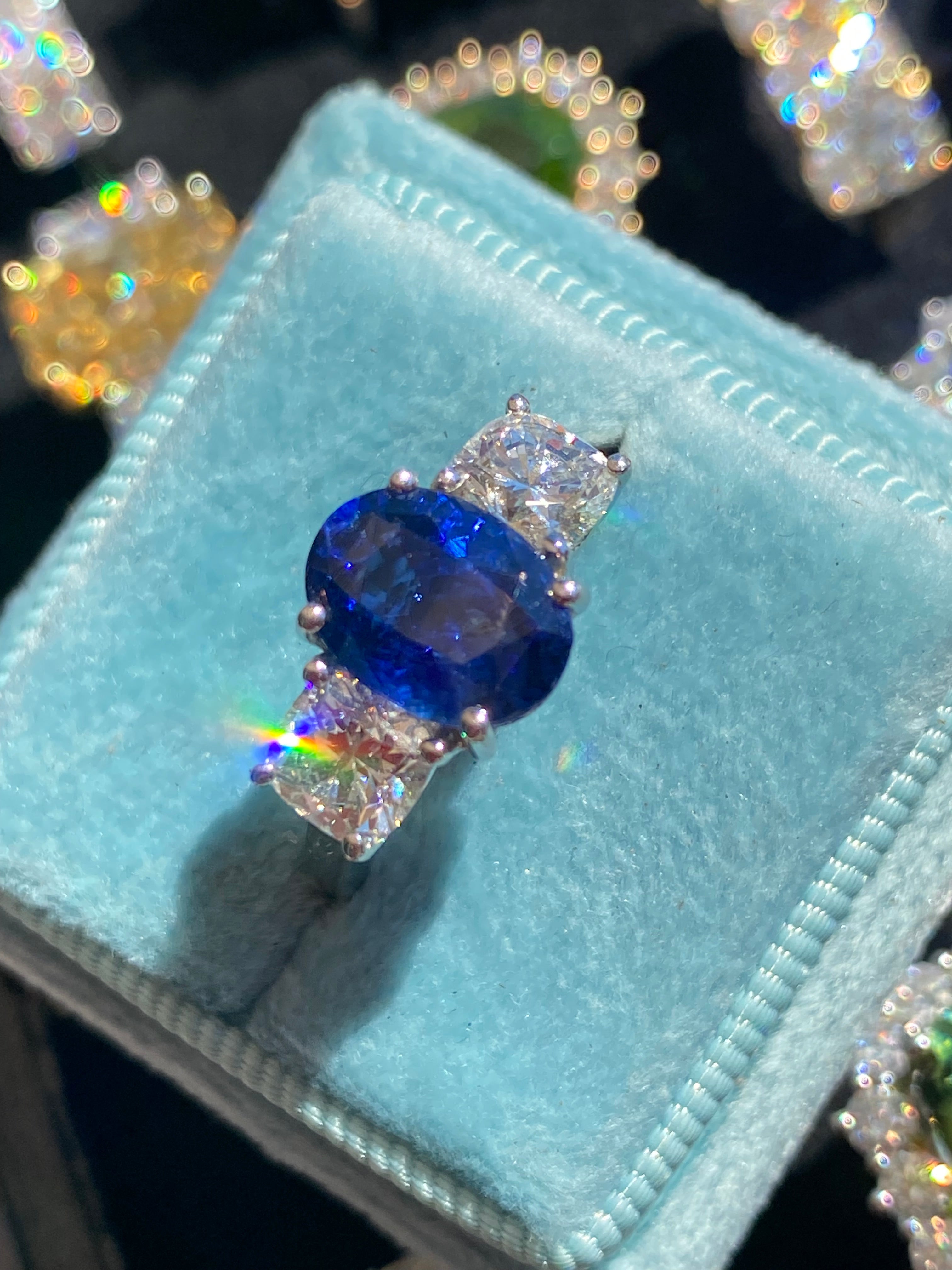 4.33 CTW Blue Ceylon Sapphire and Natural Diamond Three Stone Engagement Ring in Platinum