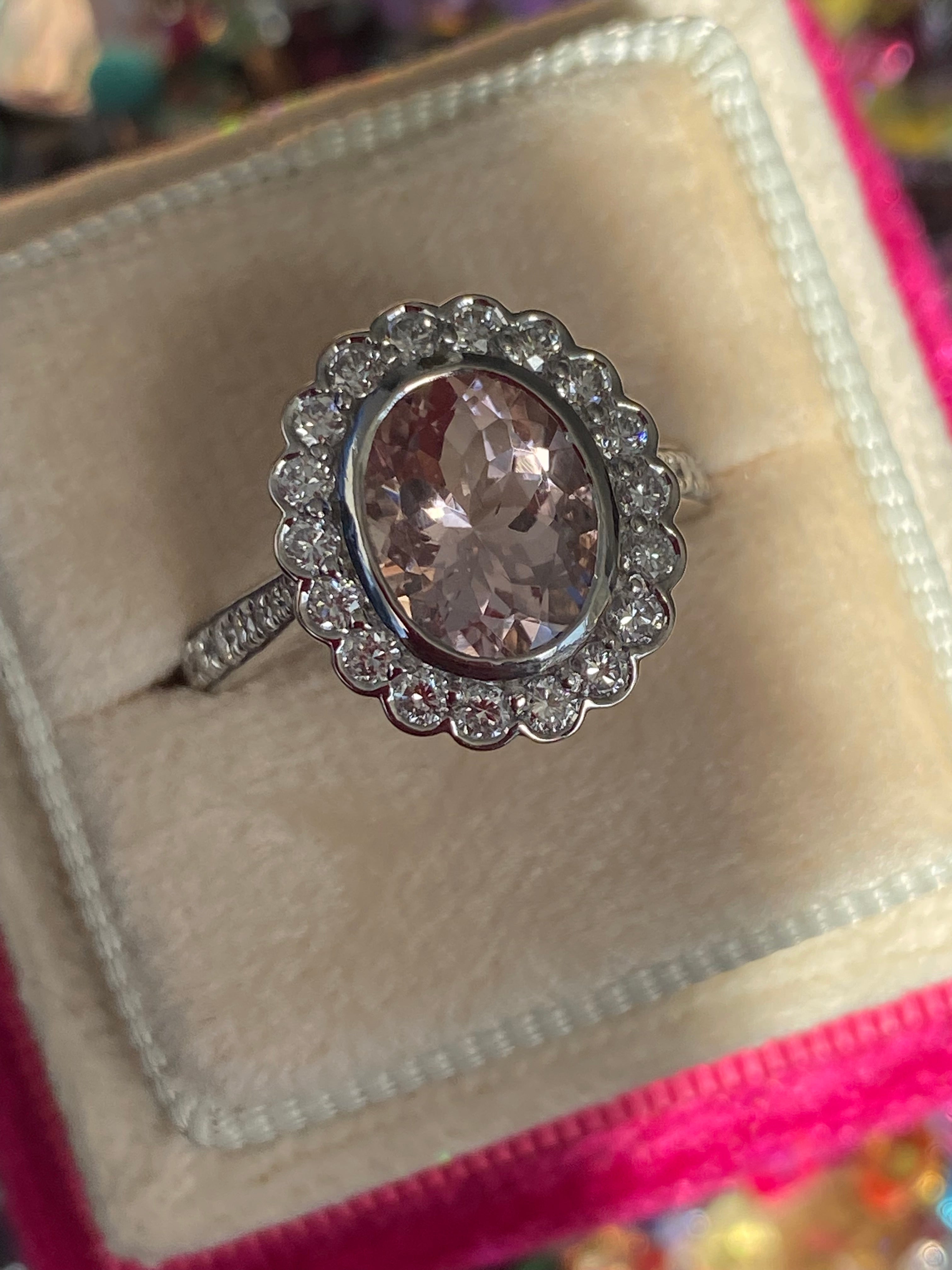 1.76 Carat Morganite and Natural Diamond Cluster Ring in Platinum