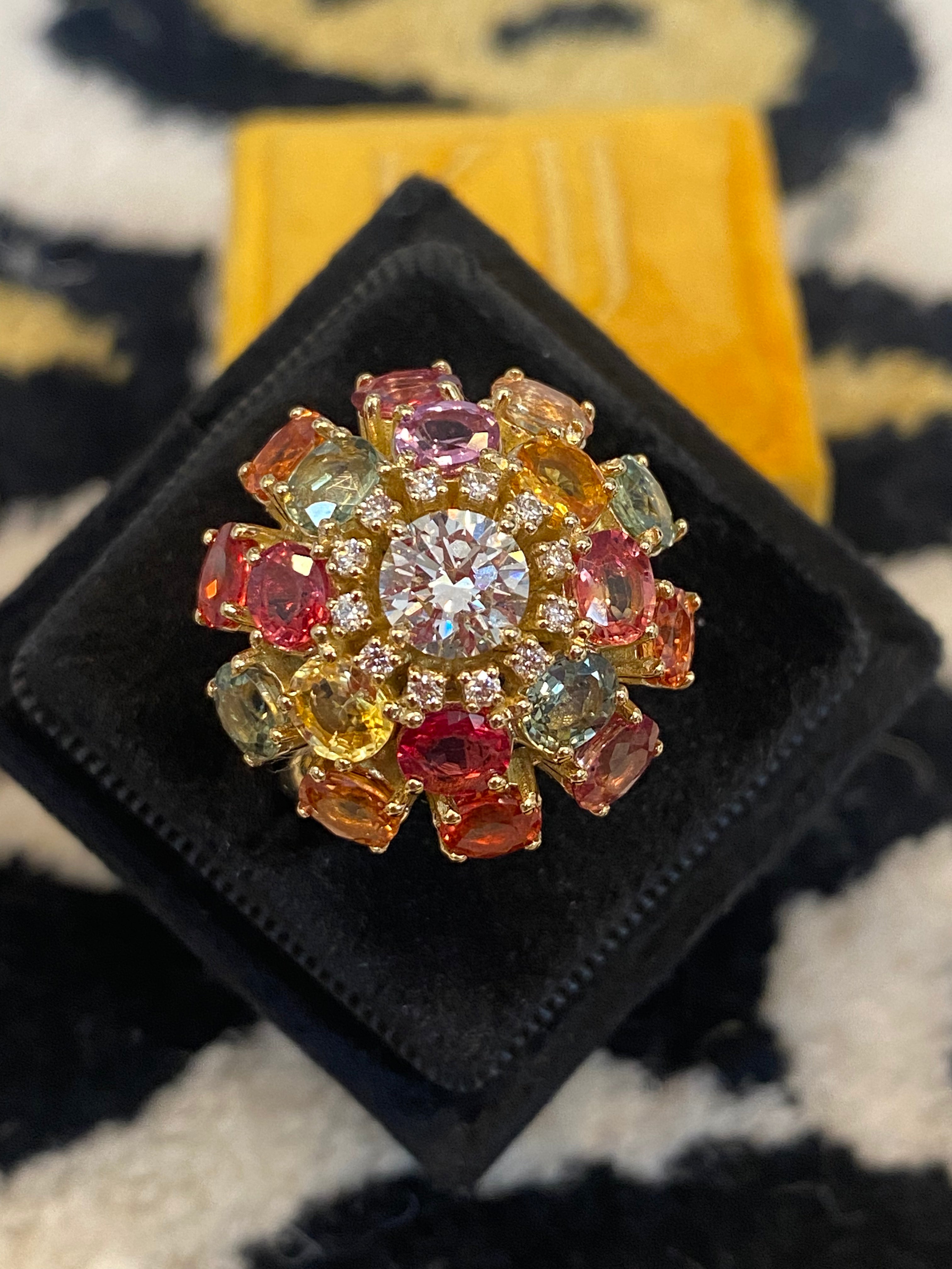 8.08 CTW Natural Diamond and Sapphire Bombe Cluster Ring in 18ct Yellow Gold