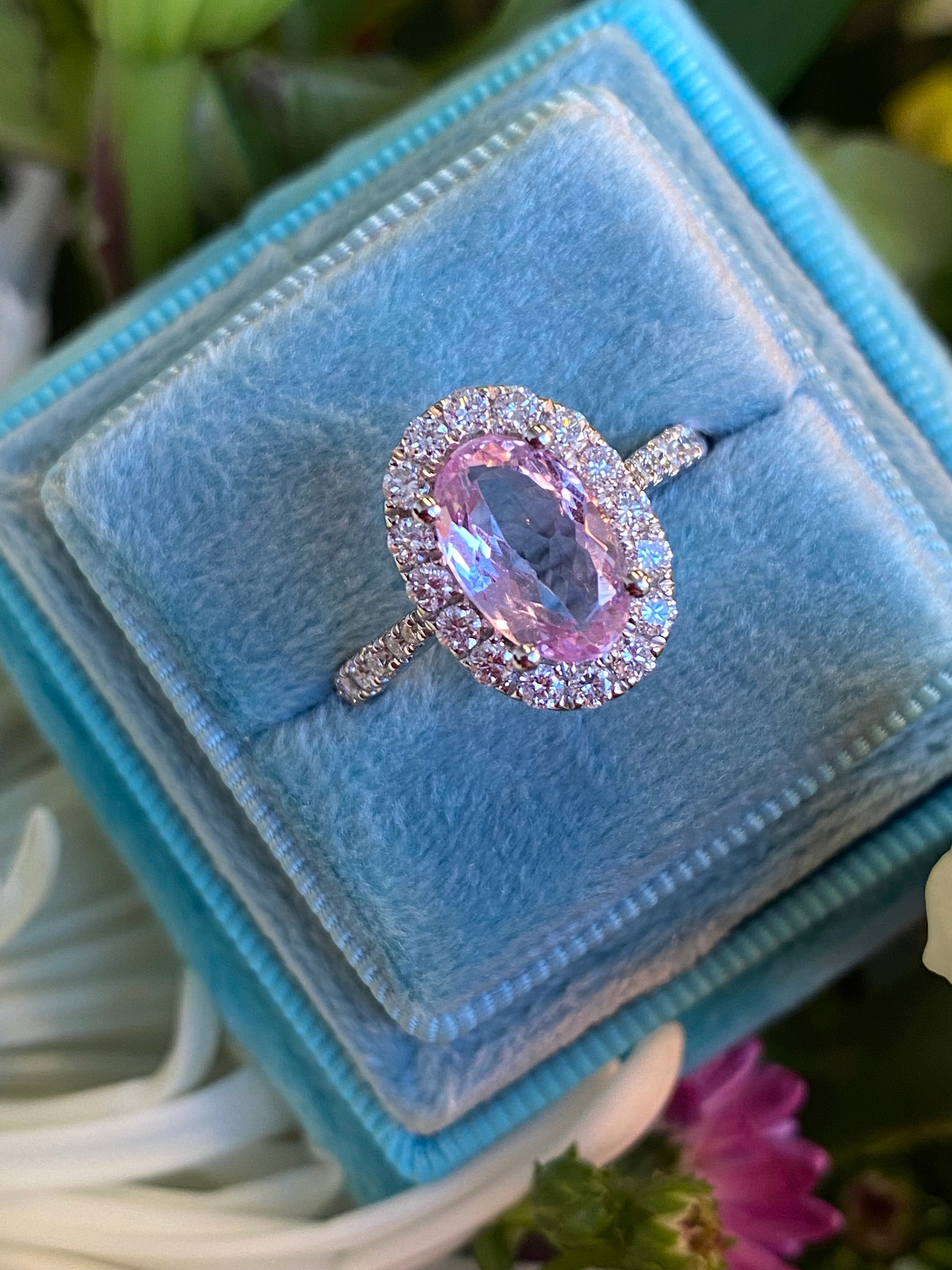 1.94 CTW Oval Cut Pink Topaz and Natural Diamond Halo Ring in Platinum