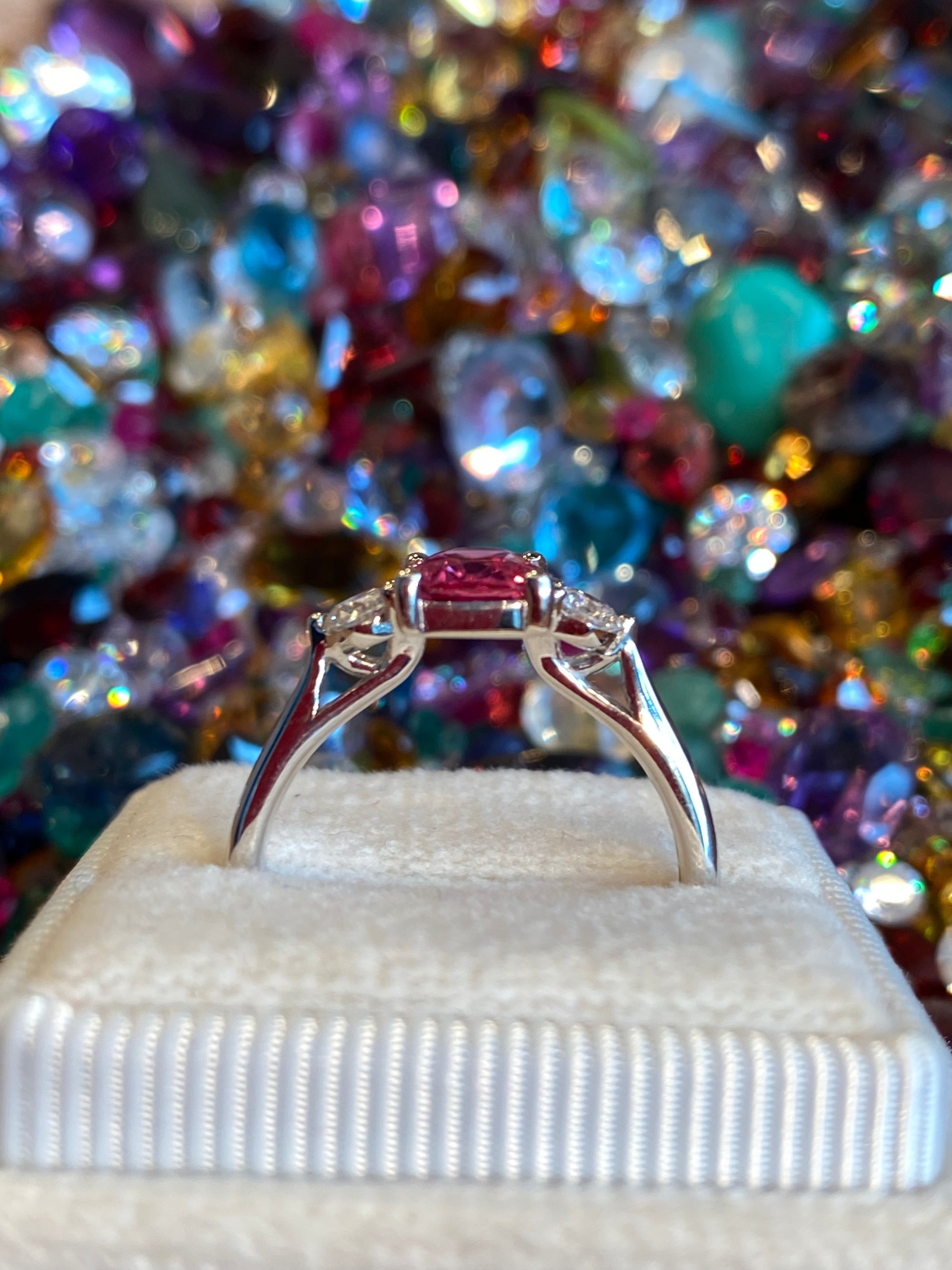 1.52 CTW Cushion Cut Ruby and Natural Diamond Three-Stone Engagement Ring in Platinum
