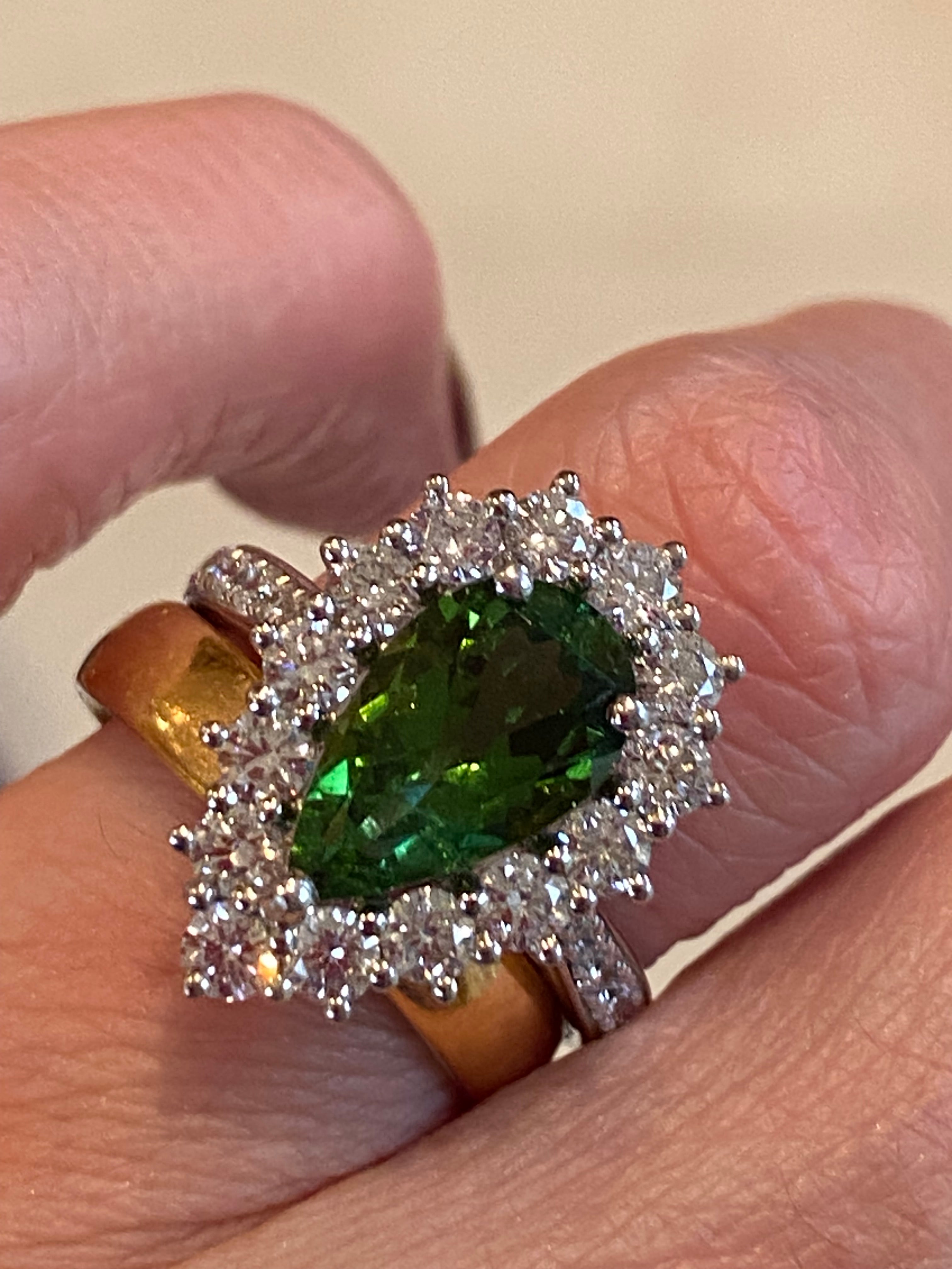 3.97 CTW Pear Cut Green Tourmaline and Natural Diamond Ring in Platinum