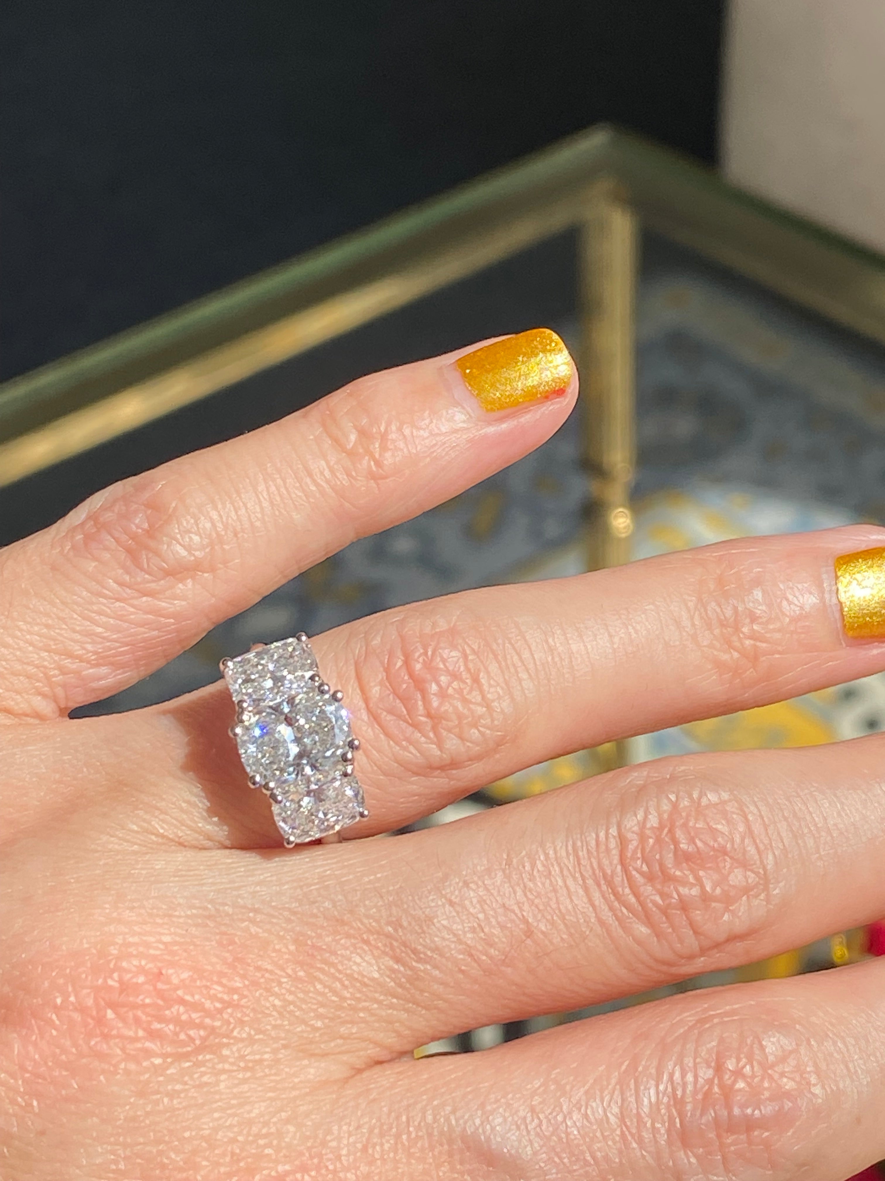 4.10 CTW Cushion Cut D Colour VS1 Lab Diamond Three Stone Ring in Platinum