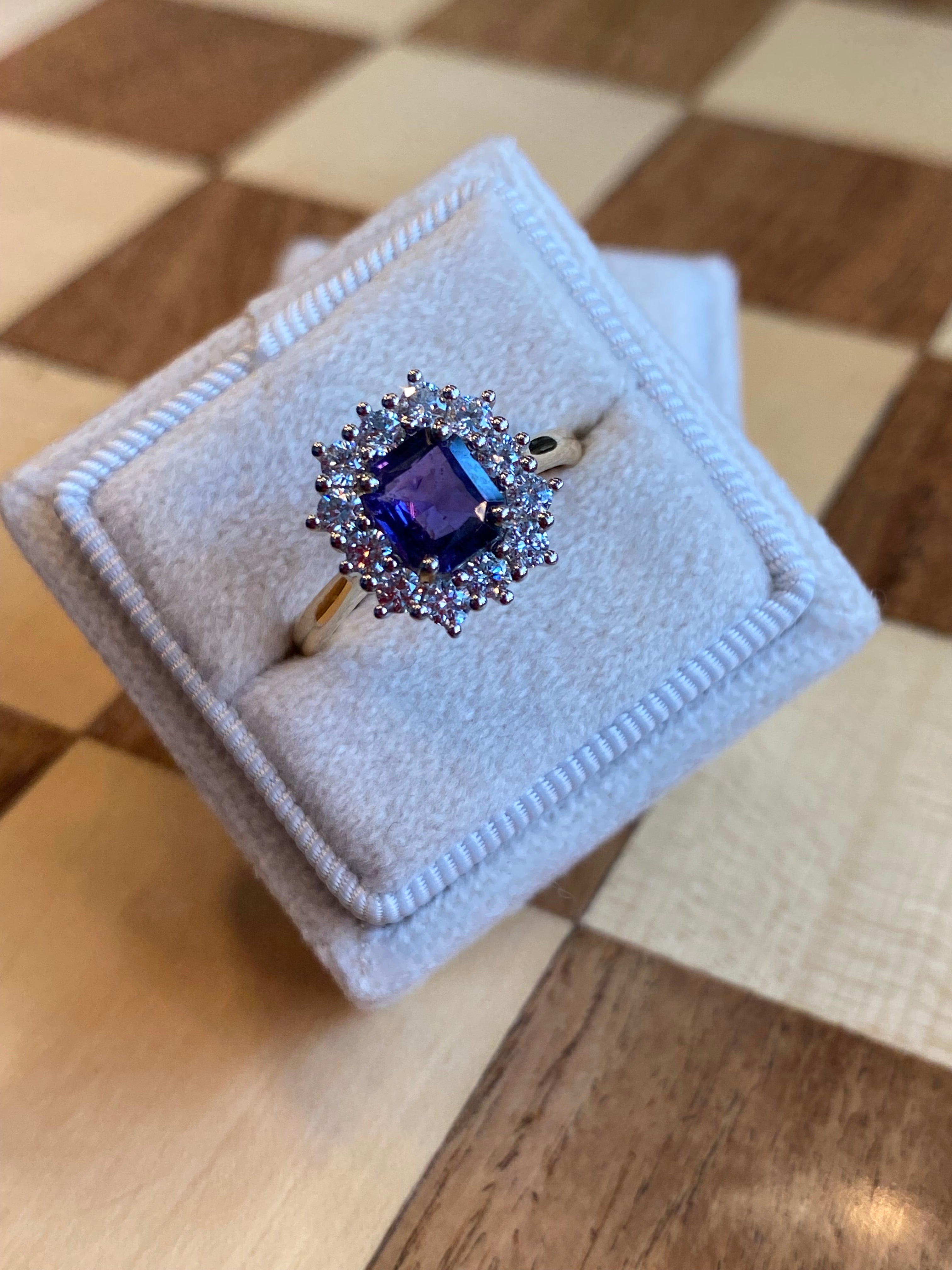 1.31 Carat Purple Sapphire and 0.60ctw Natural Diamond Halo Ring in Platinum and 18ct Gold