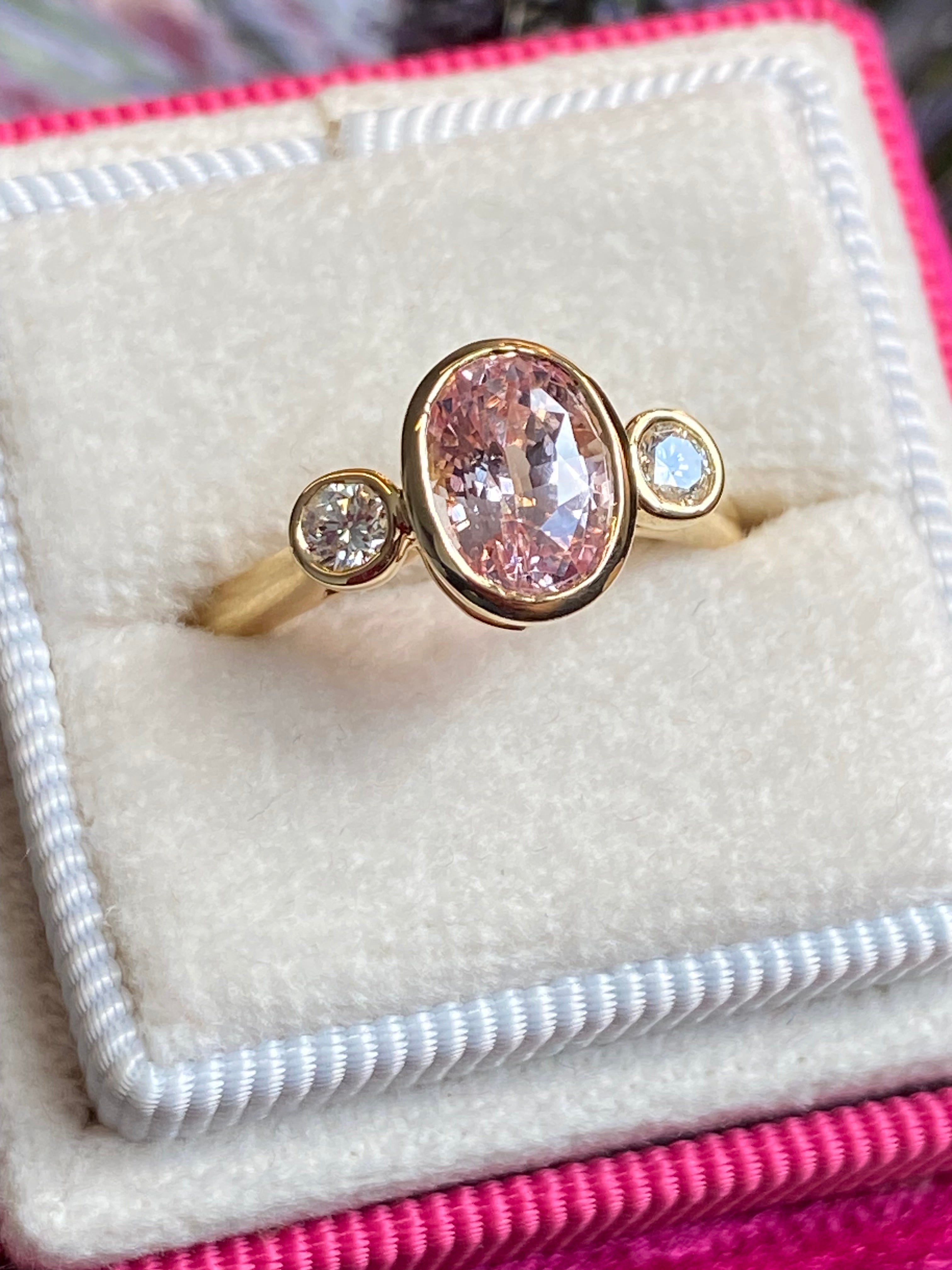 2.02 CTW Peach Sapphire and Natural Diamond Three Stone Ring in 18ct Yellow Gold