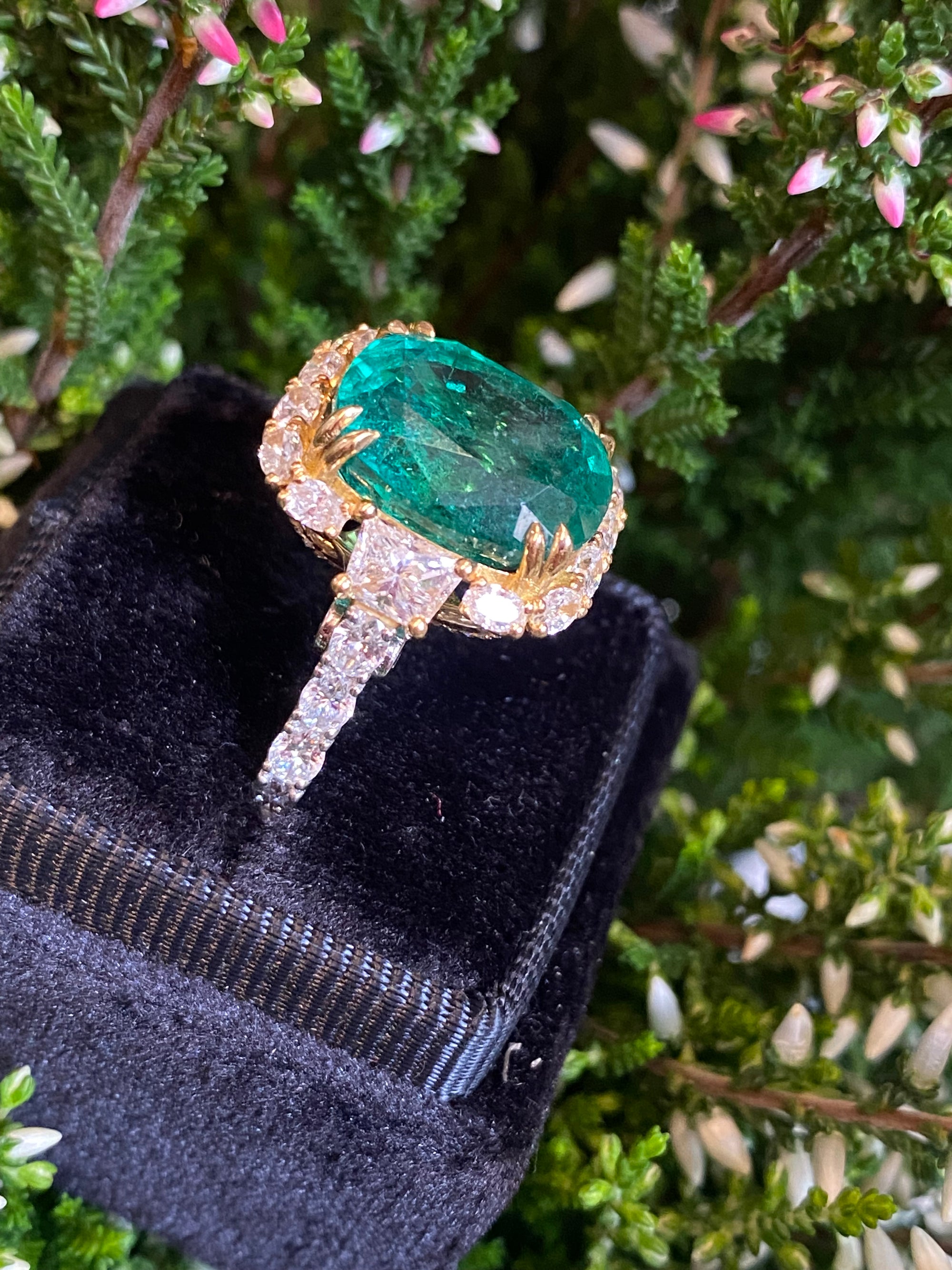 8.75 Carat Cushion Cut Zambian Emerald and 2.53 CTW Natural Diamond Halo Ring in Platinum and 18ct Yellow Gold