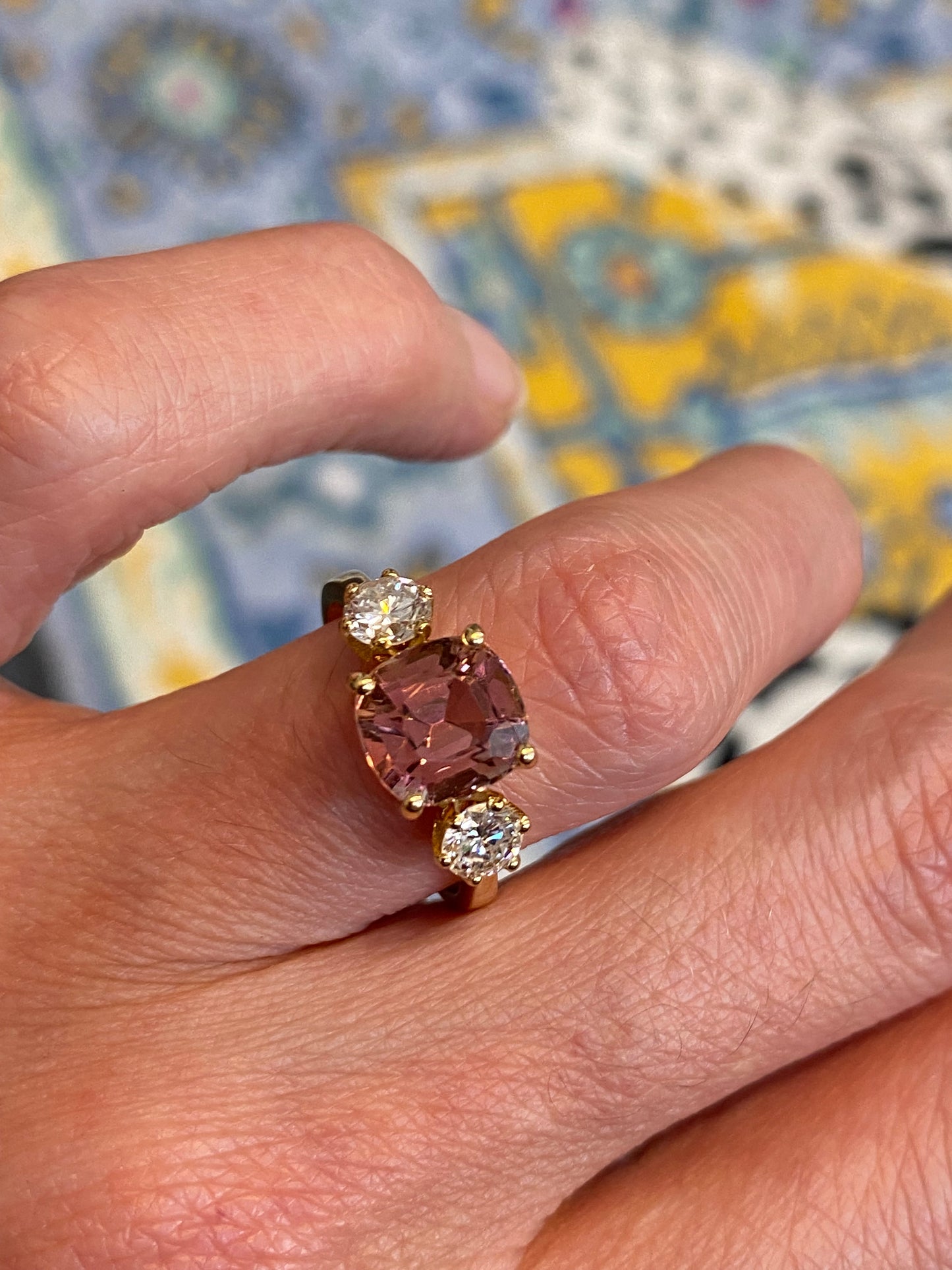 3.12ctw Pink Tourmaline and Natural Diamond Three Stone Ring in 18ct Yellow Gold