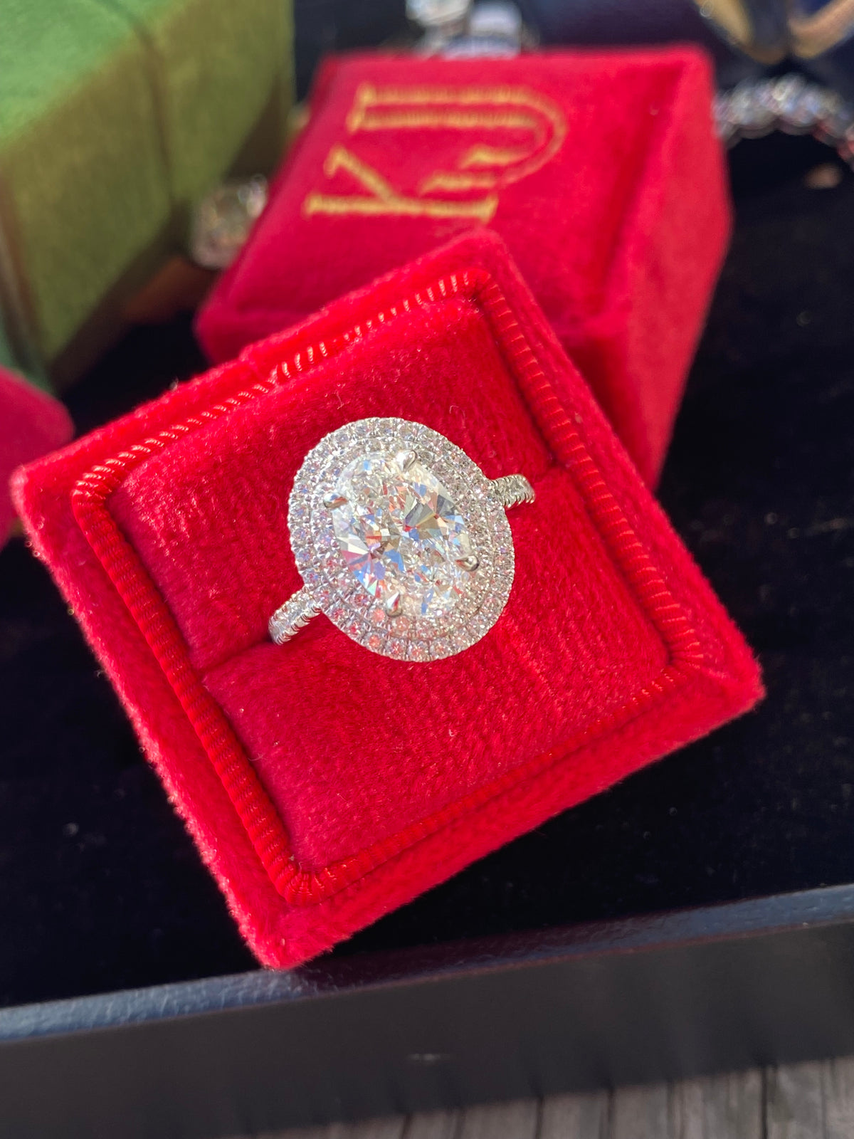 2.71 CTW Oval Cut Lab Diamond Double Halo Engagement Ring in Platinum