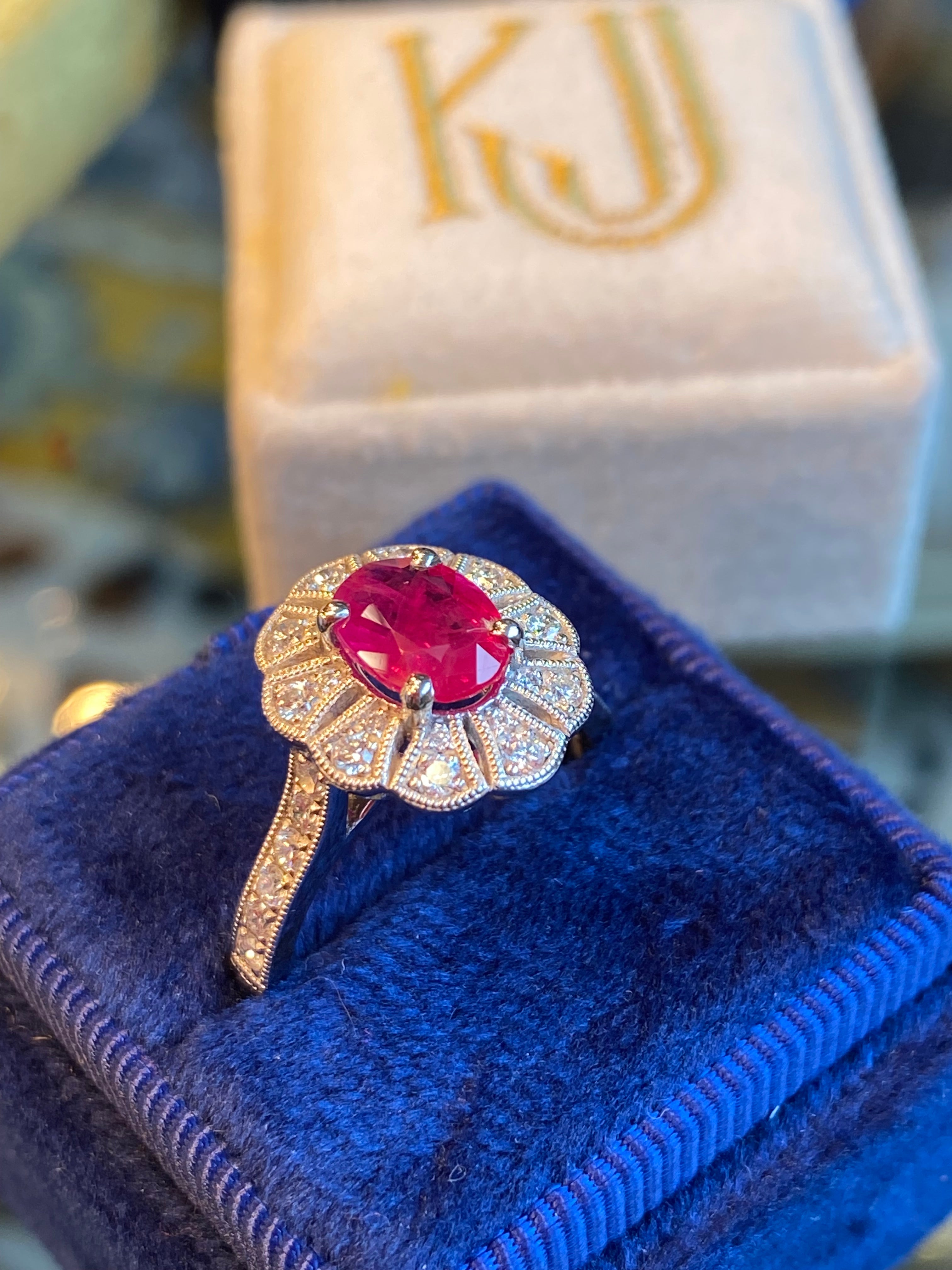 1.71 CTW Oval Cut Ruby and Diamond Art Deco Style Ring in Platinum