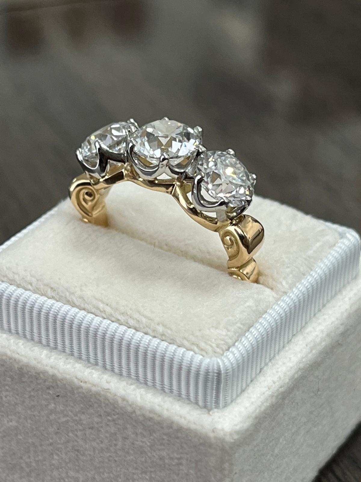 Heritage 4.00 CT + Old Cut Lab Grown Diamond Three Stone Trilogy Engagement Ring, at Least F Colour / VS Clarity