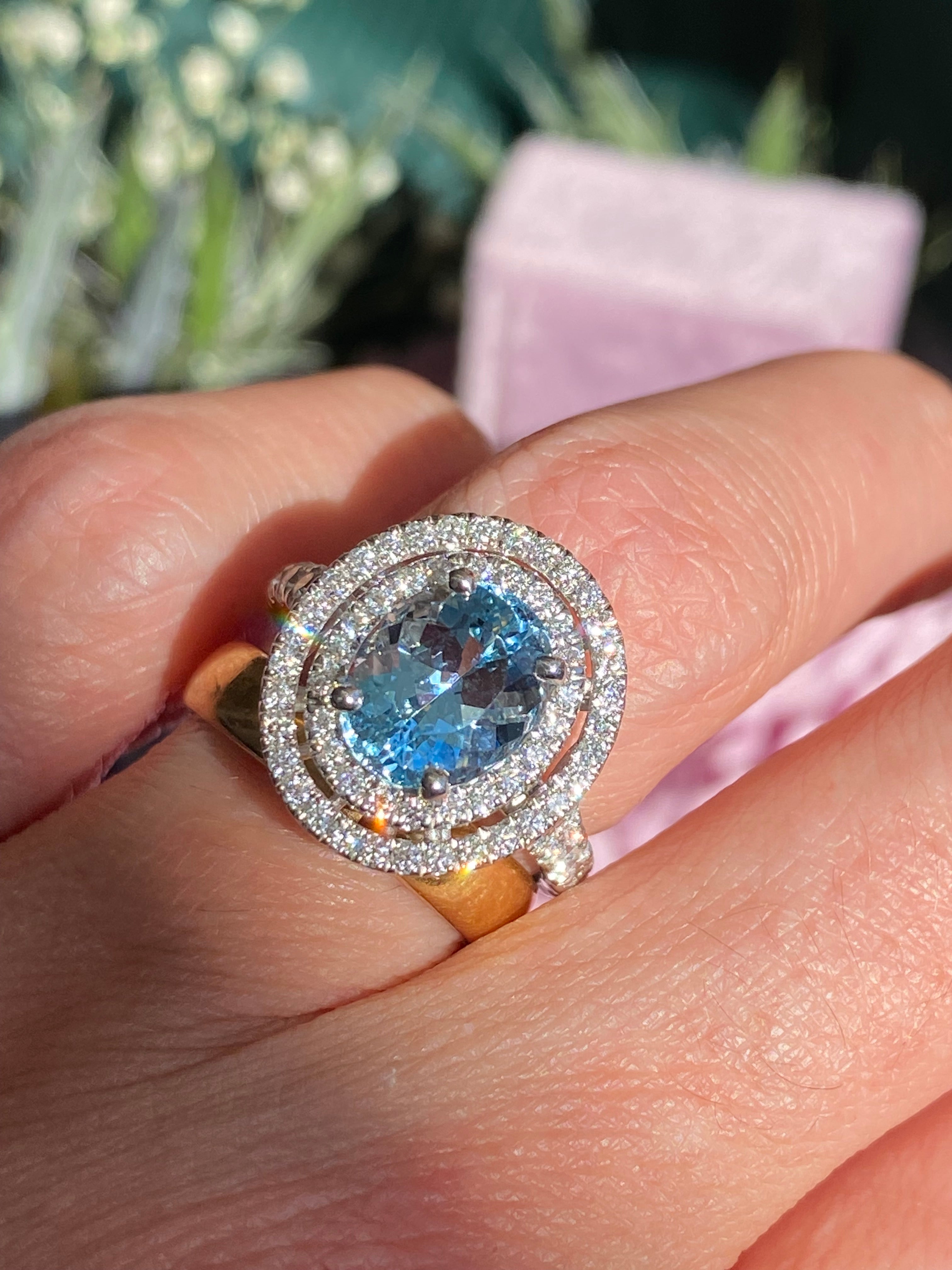 3.23 CTW Oval Cut Aquamarine and Natural Diamond Double Halo Engagement Ring in Platinum