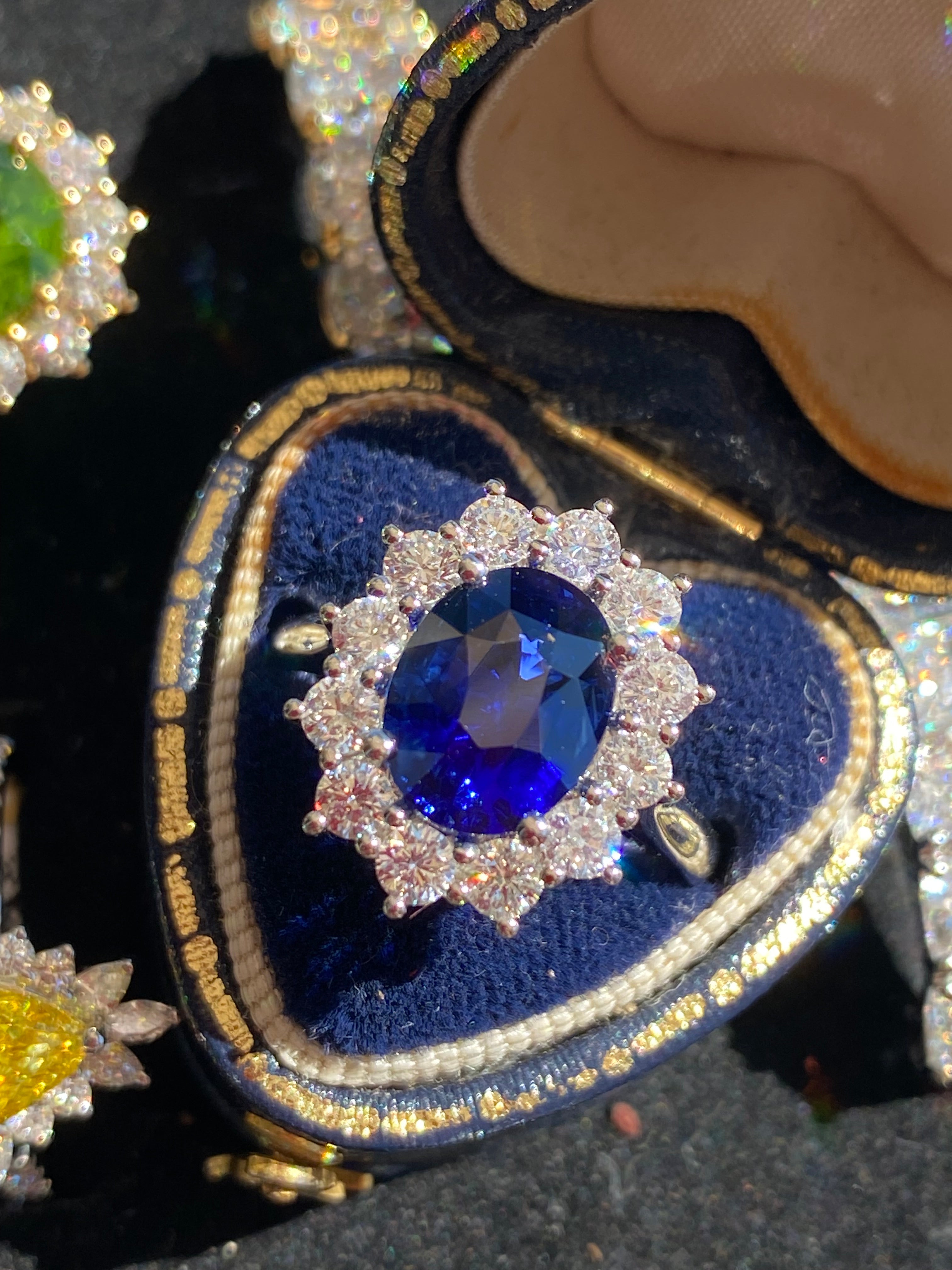 6.37 Carat Gubelin Certed Blue Ceylon Sapphire and 1.80 CTW Natural Diamond Halo Ring in Platinum