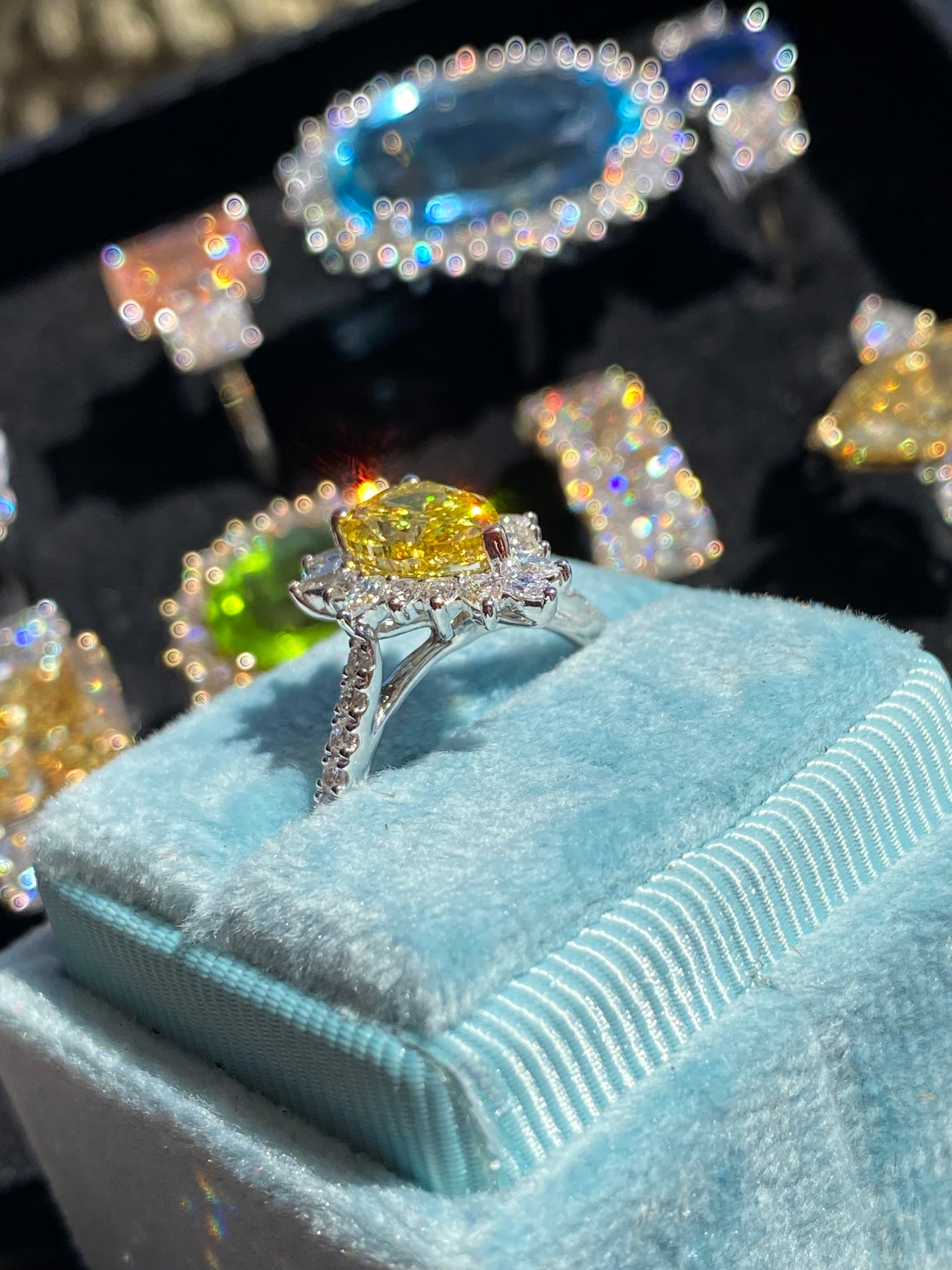 2.35 CTW Pear Cut Fancy Yellow Lab Diamond Halo Engagement Ring in Platinum