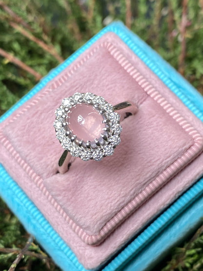 4.50 CTW Oval Cabochon Cut Rose Quartz and Moissanite Halo Cocktail Ring