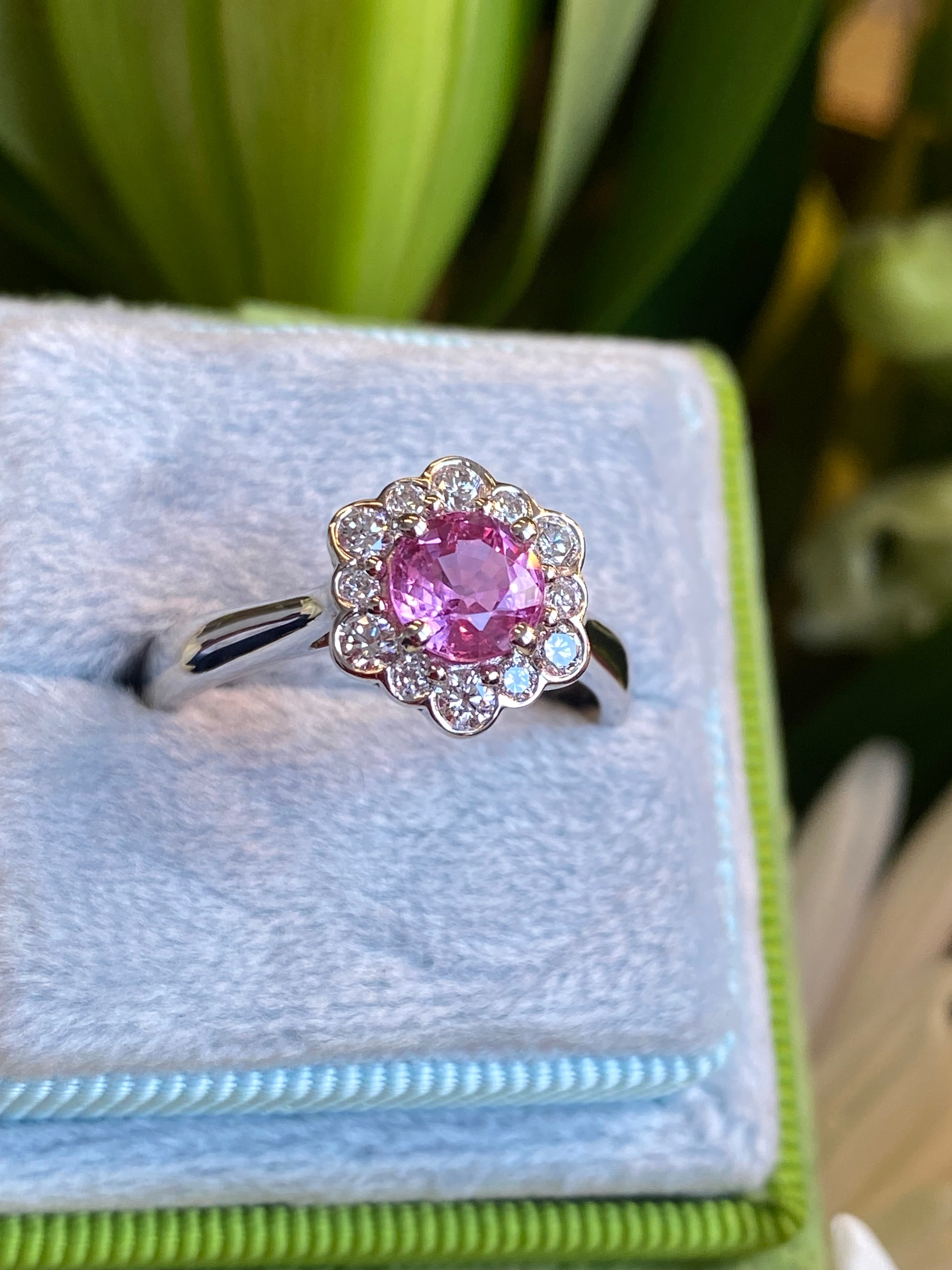 1.26 CTW Round Cut Pink Sapphire and Natural Diamond Halo Engagement Ring in Platinum