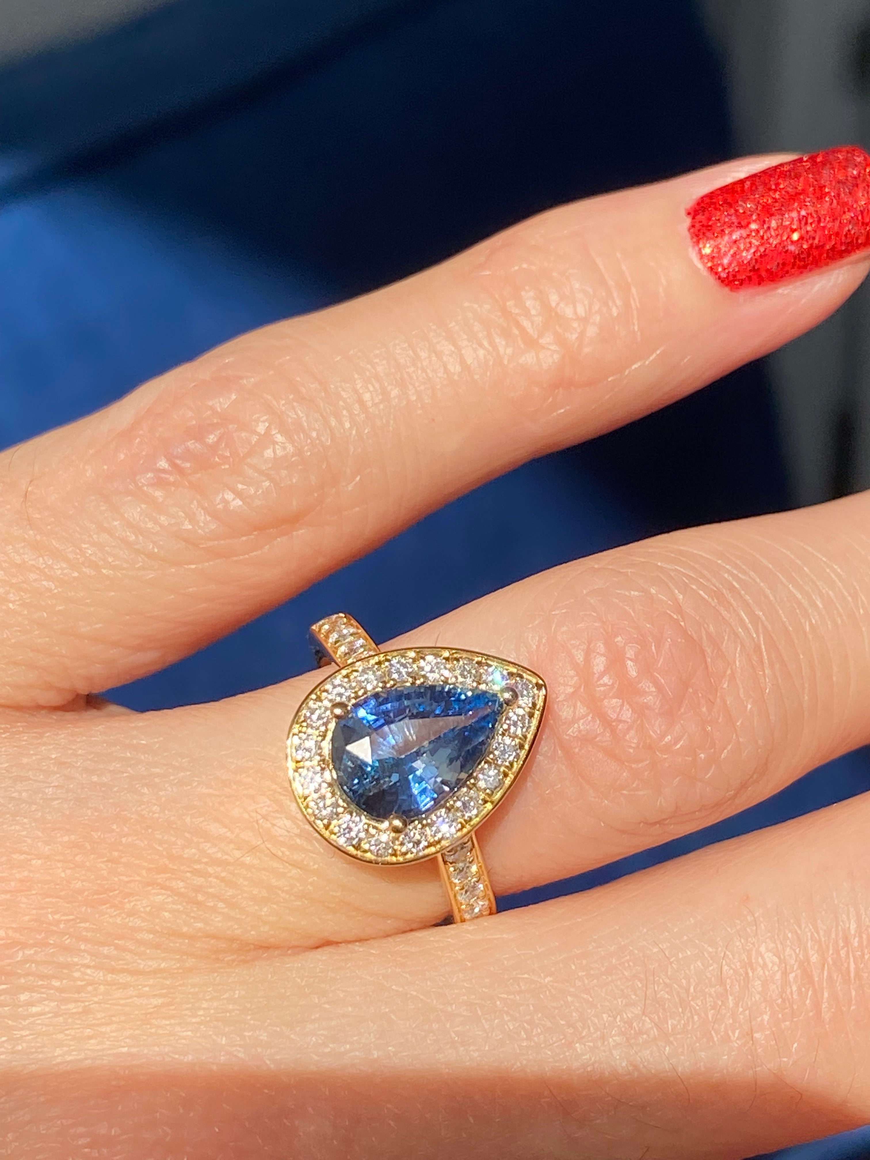 2.07 Carat Pear Cut Teal Sapphire and 0.48 CTW Natural Diamond Ring in 18ct Yellow Gold