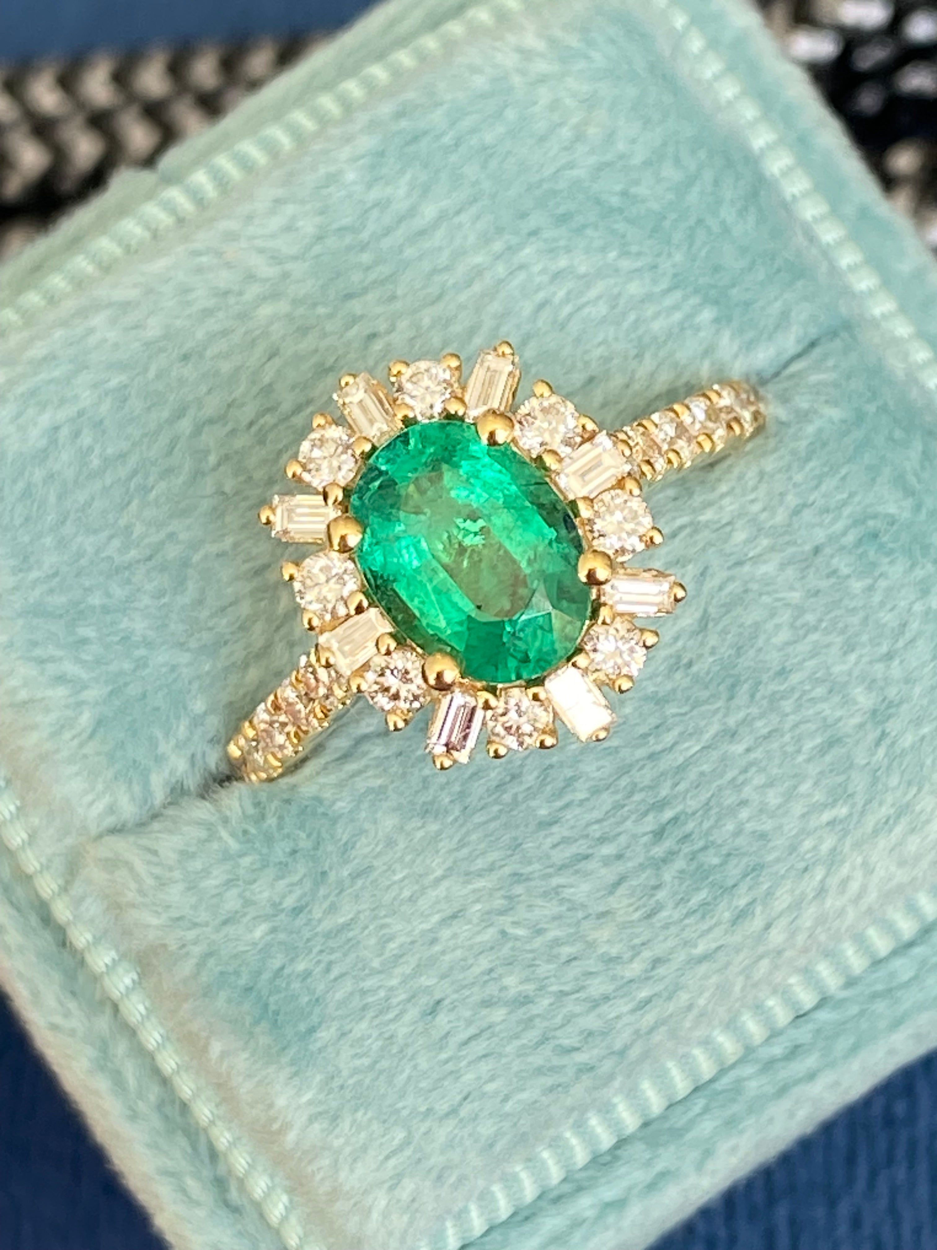 1.76 CTW Oval Cut Emerald and Natural Diamond Ring in 18ct Yellow Gold