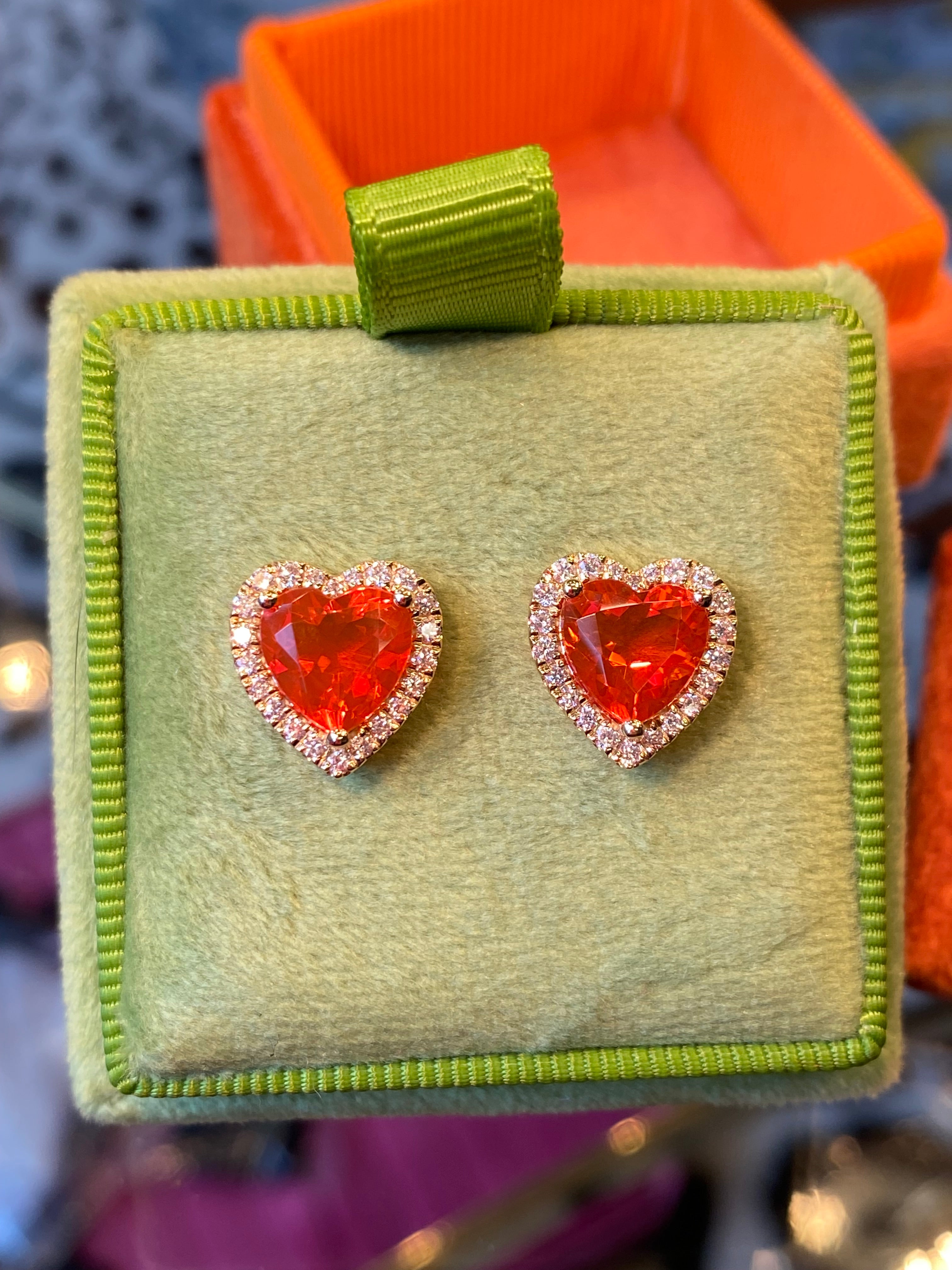 Heart Shaped Fire Opal and Natural Diamond Stud Earrings in 9ct Yellow Gold