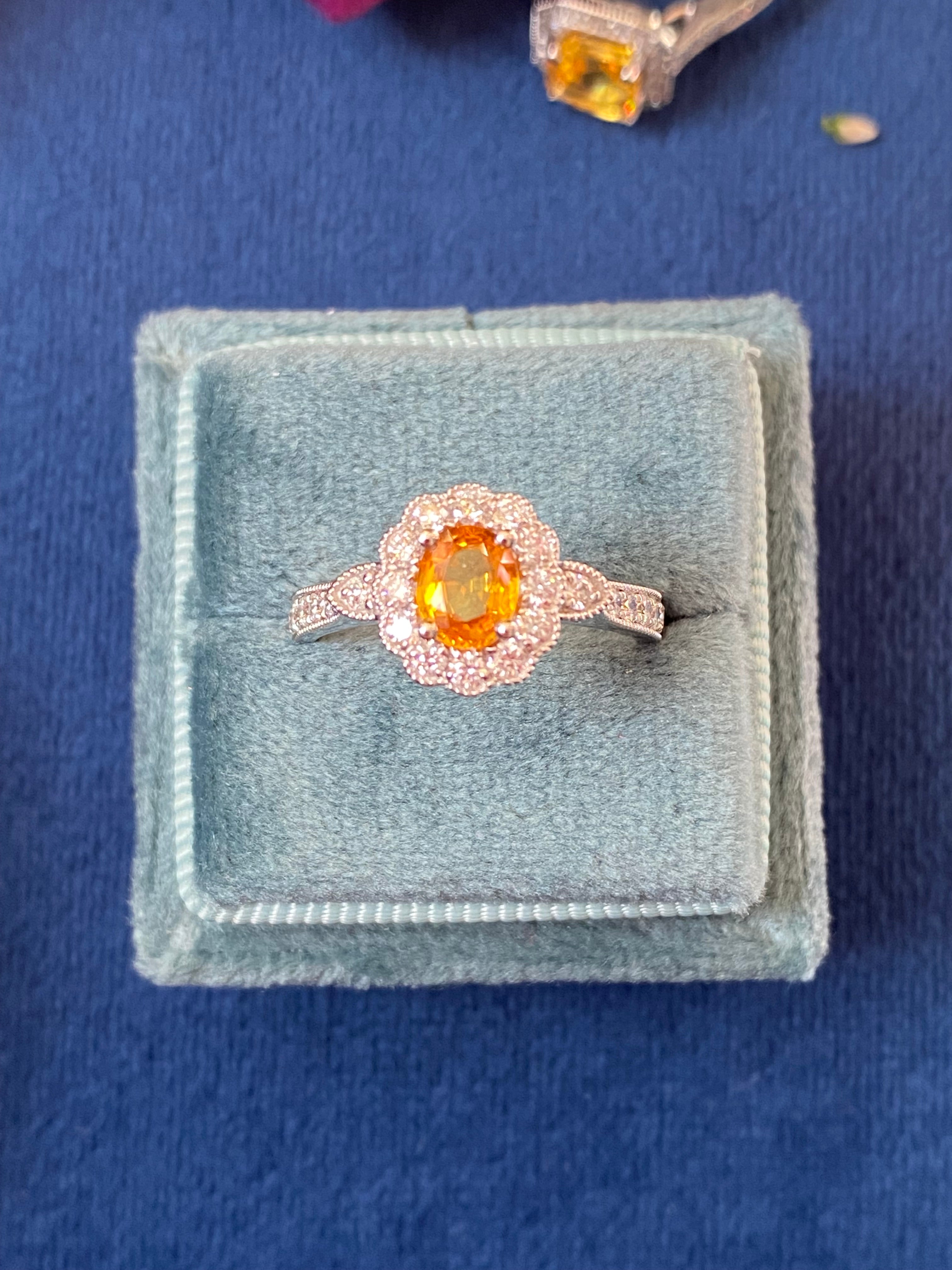 1.20ctw Orangey Yellow Sapphire and Natural Diamond Halo Ring in Platinum