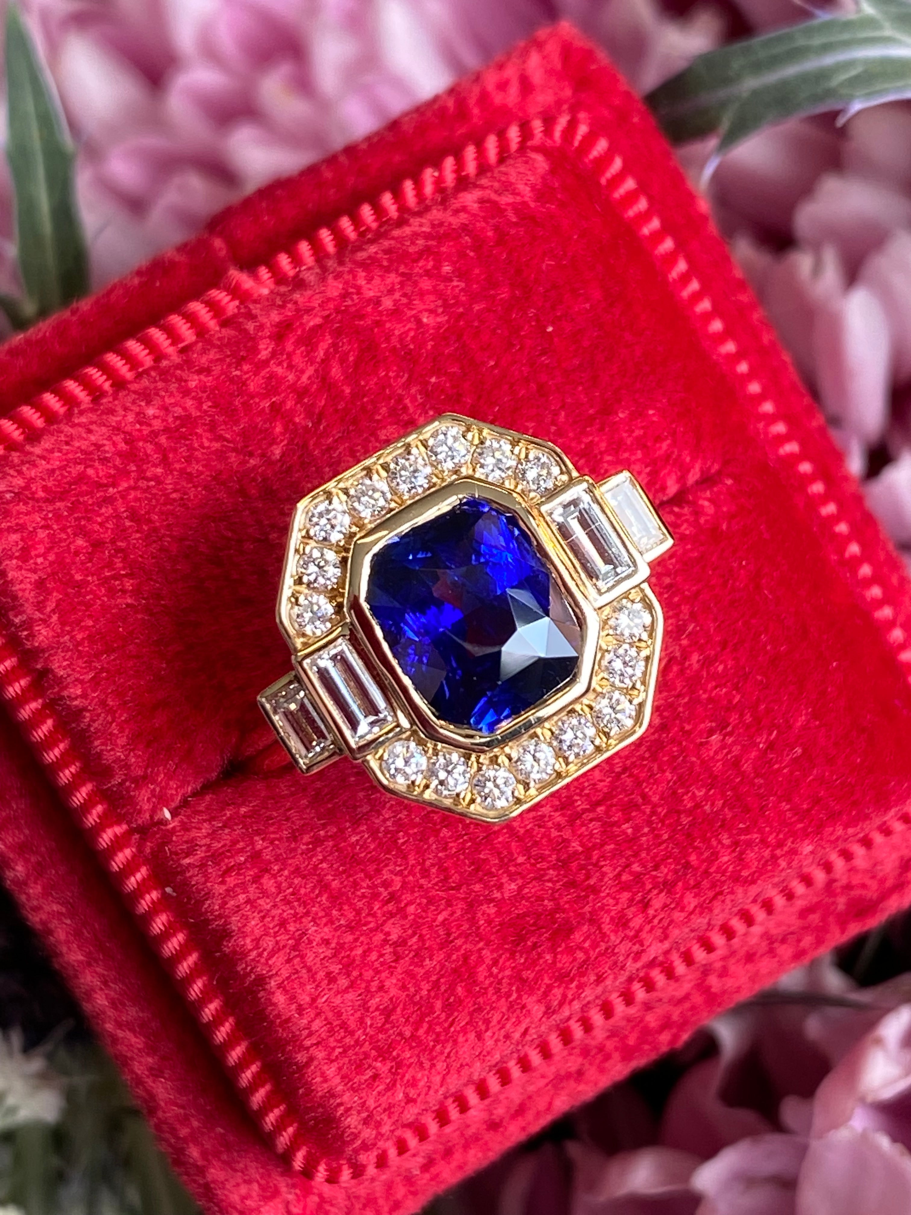 2.28 Carat Cushion Cut Ceylon Sapphire and Natural Diamond Ring in 18ct Yellow Gold