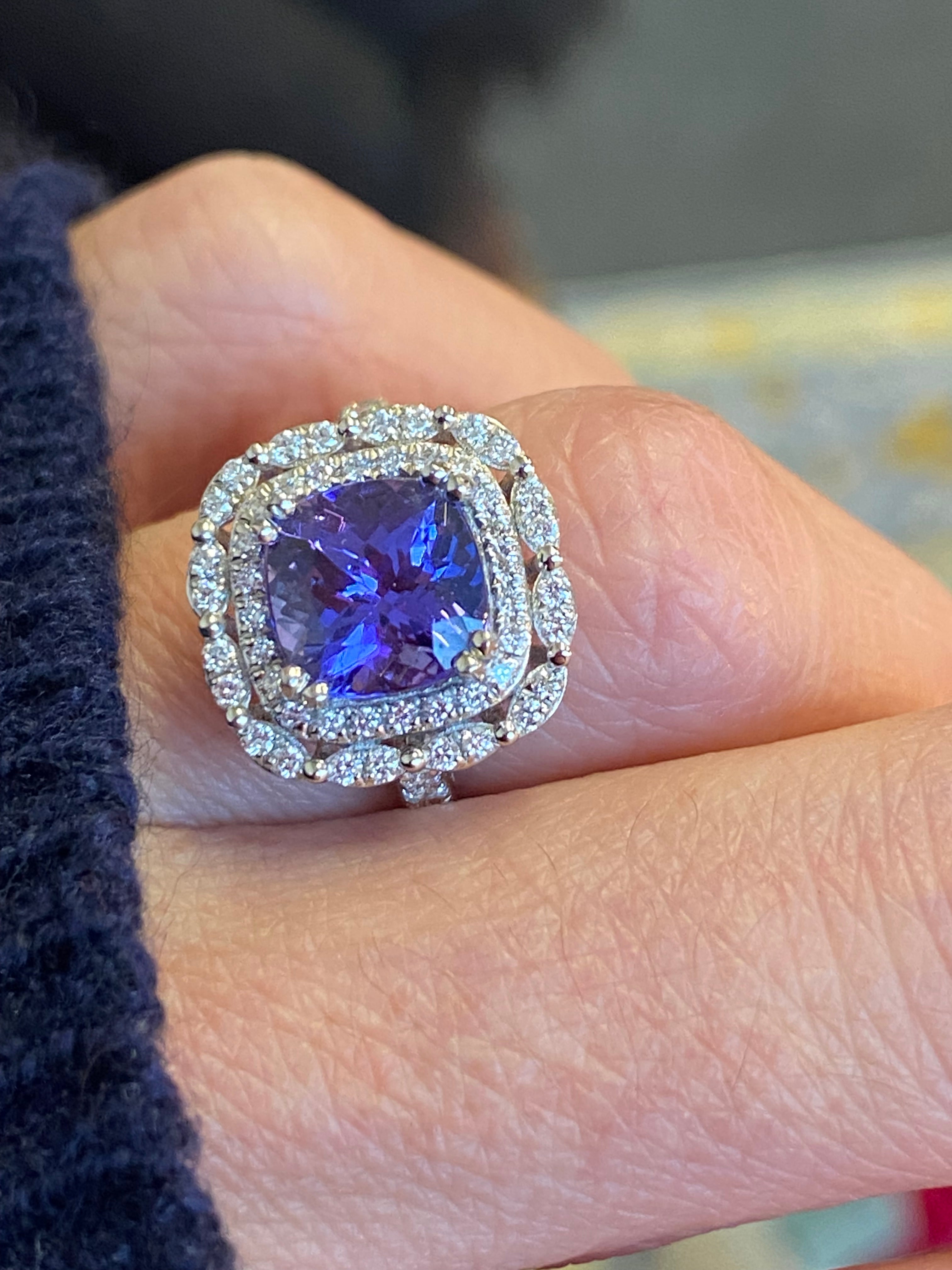 2.36 Carat Cushion Cut Tanzanite and 0.71 ctw Natural Diamond Ring in Platinum