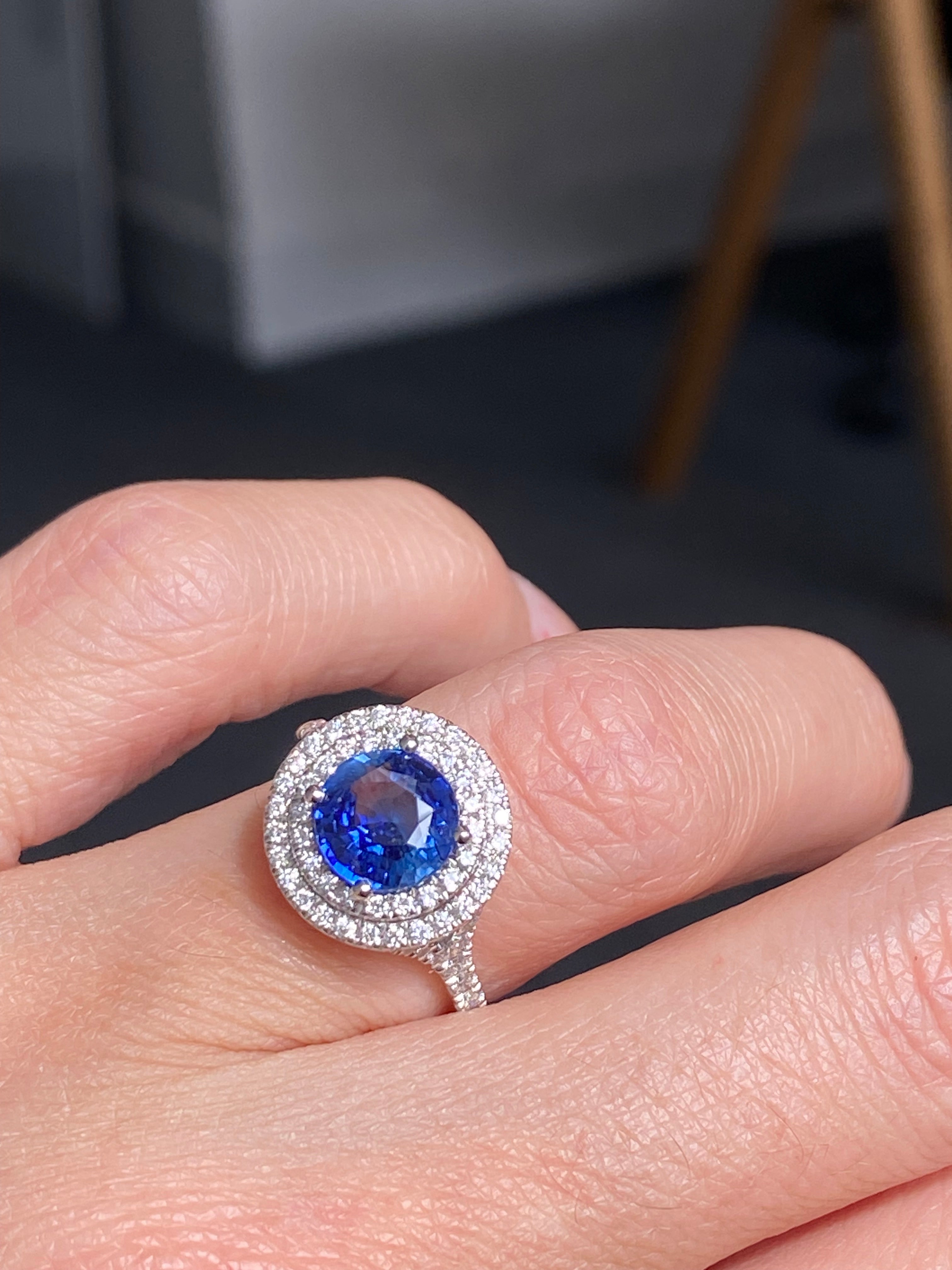 2.56 CTW Blue Ceylon Sapphire and Natural Diamond Double Halo Ring in Platinum