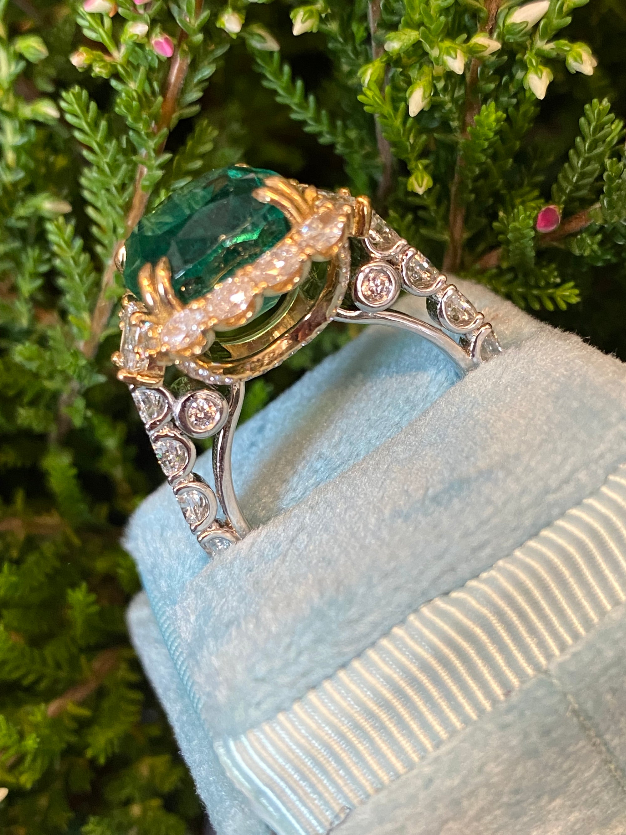 8.75 Carat Cushion Cut Zambian Emerald and 2.53 CTW Natural Diamond Halo Ring in Platinum and 18ct Yellow Gold