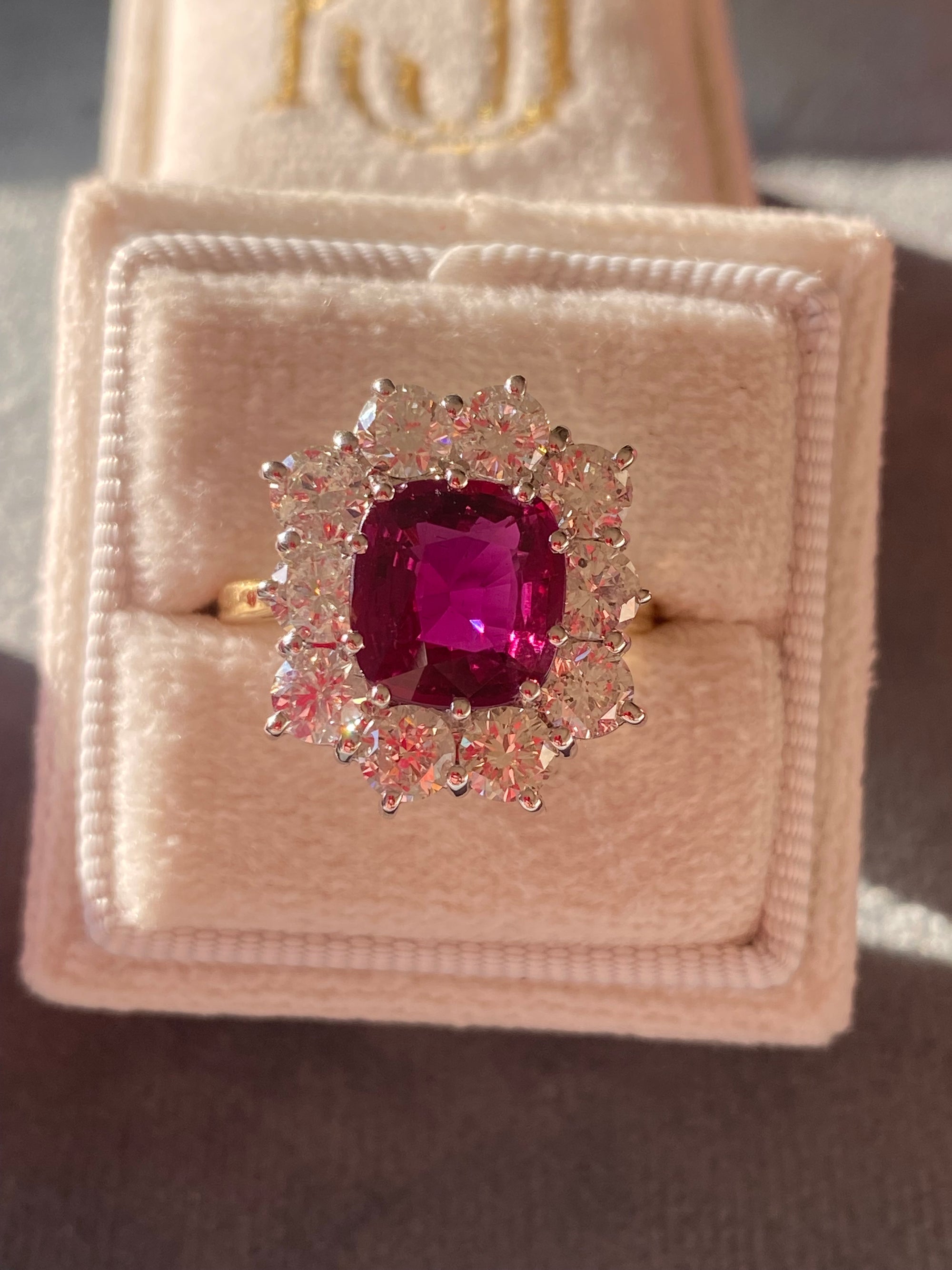 5.04 CTW No Heat Ruby and Natural Diamond Halo Ring in 18ct Yellow Gold