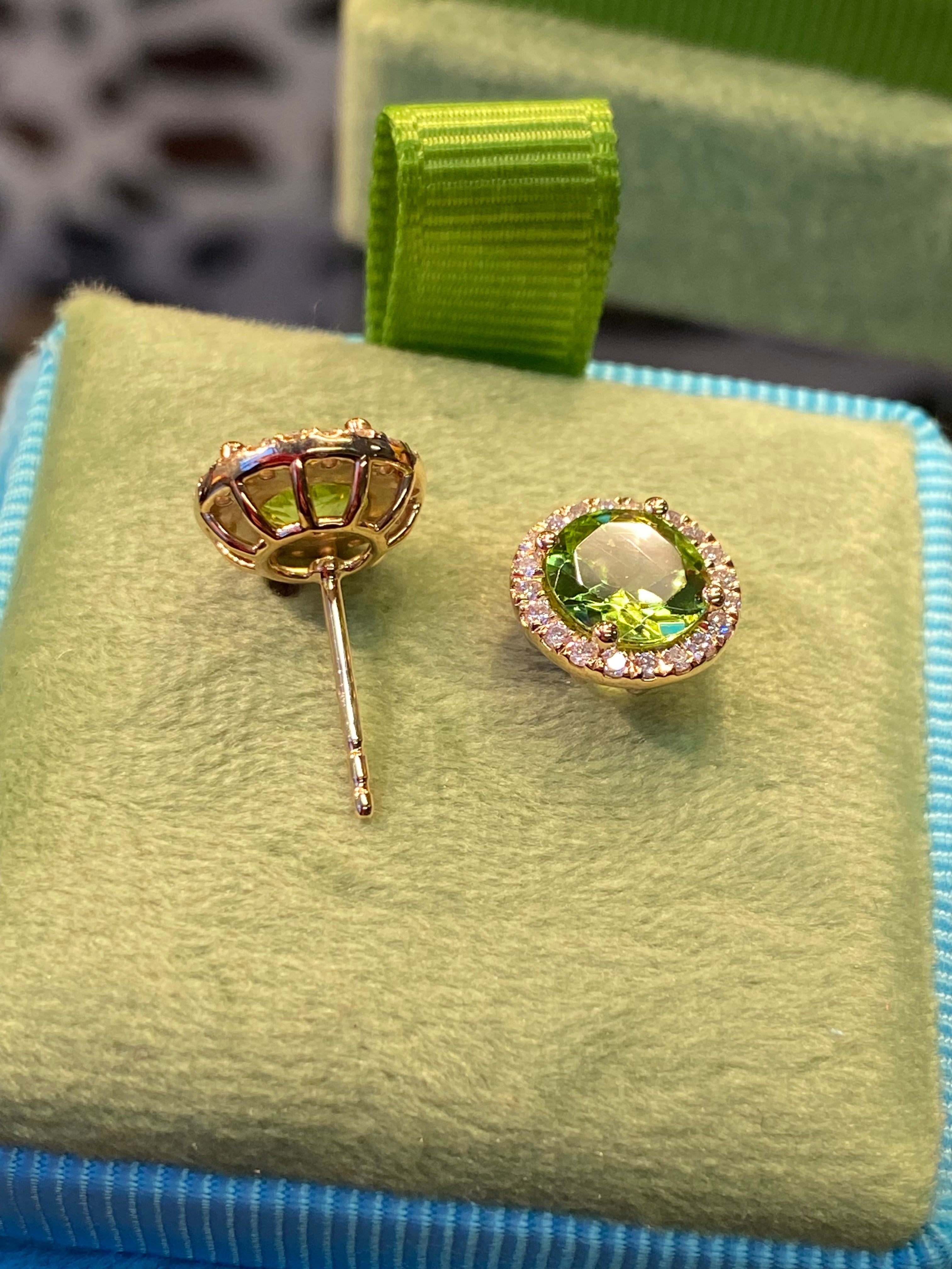 Round Cut Peridot and Natural Diamond Stud Earrings in 9ct Yellow Gold
