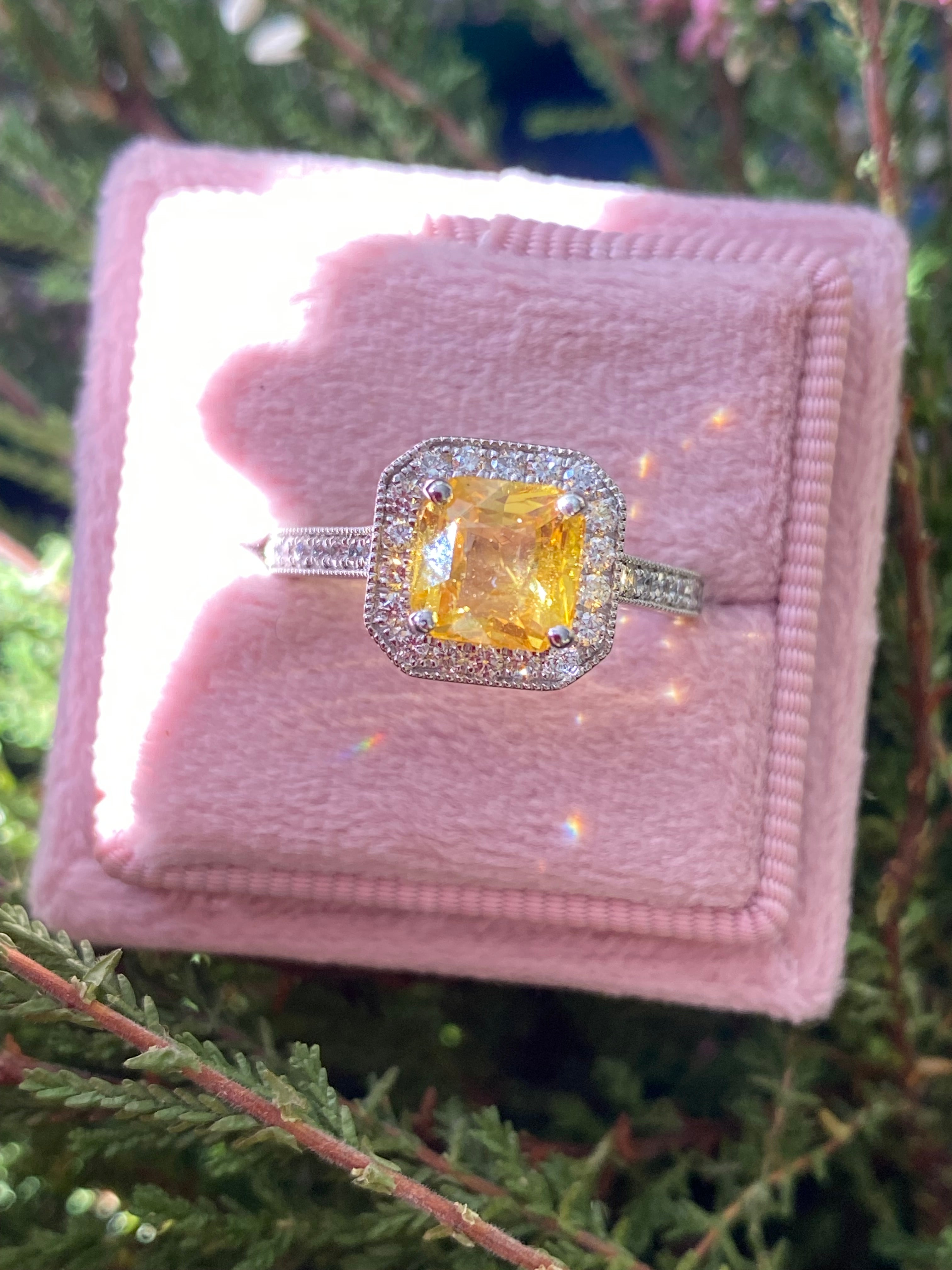 2.06 Carat Yellow Sapphire and Natural Diamond Halo Ring in Platinum