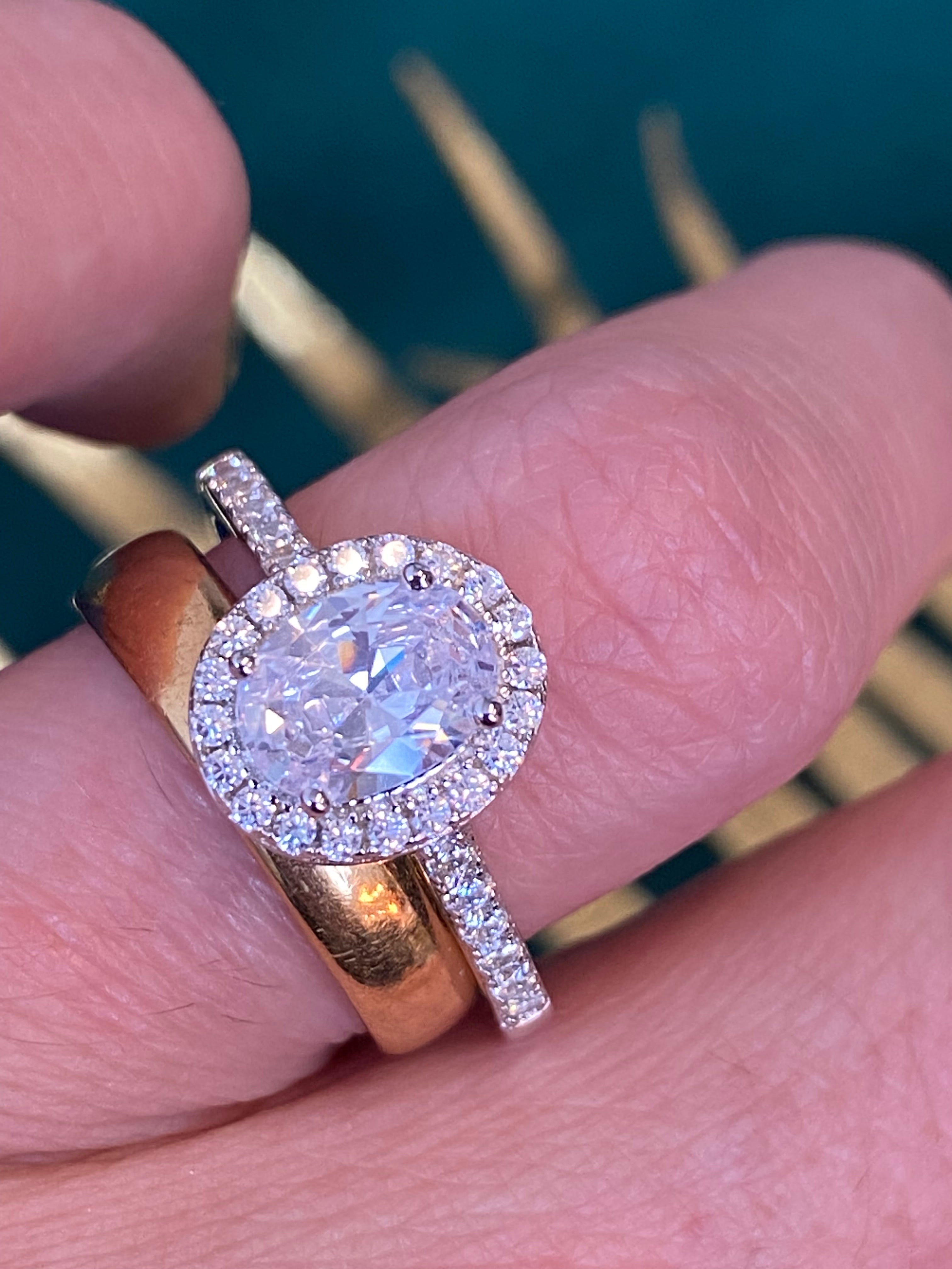 Oval Cut Moissanite Halo Engagement and Wedding / Eternity Ring Set in Sterling Silver